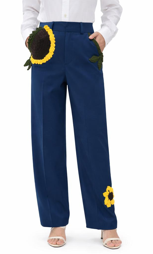 Sunflower Crochet-Embellished Tailored Pants