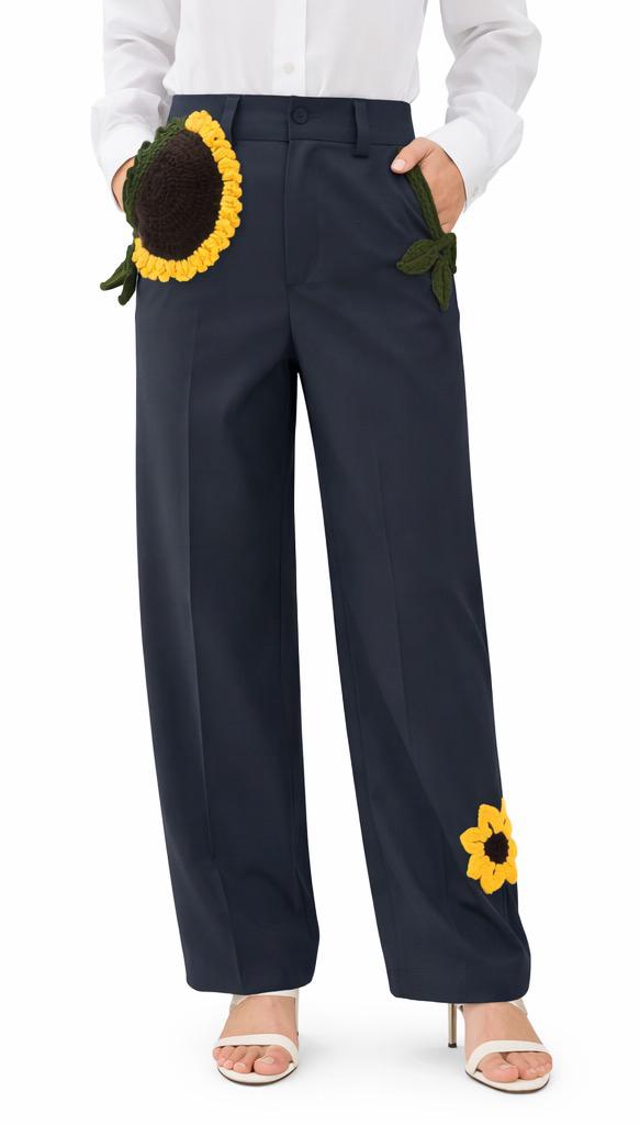 Sunflower Crochet-Embellished Tailored Pants