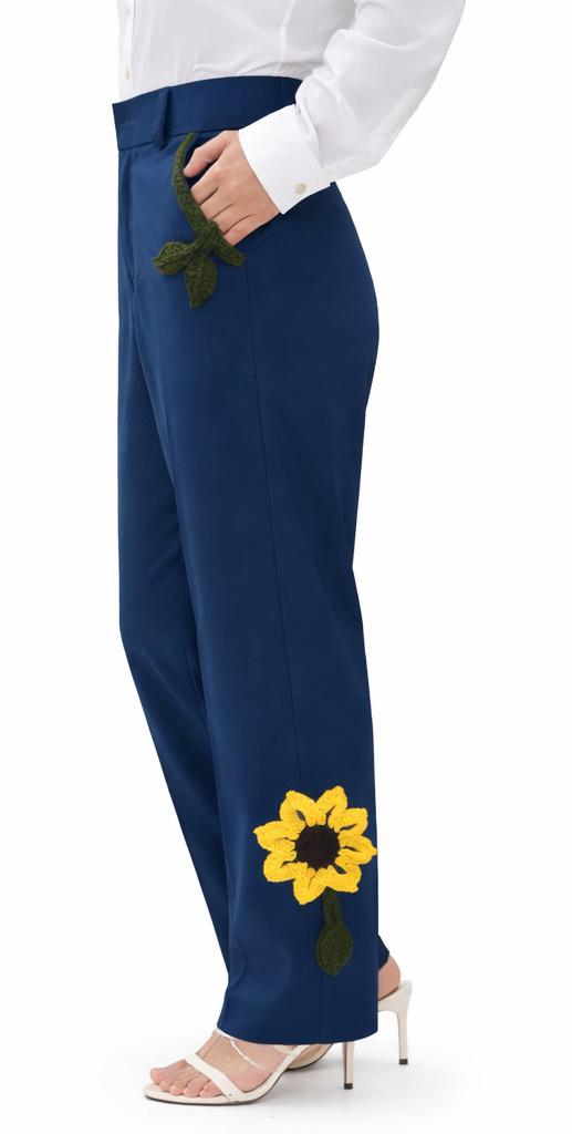 Sunflower Crochet-Embellished Tailored Pants