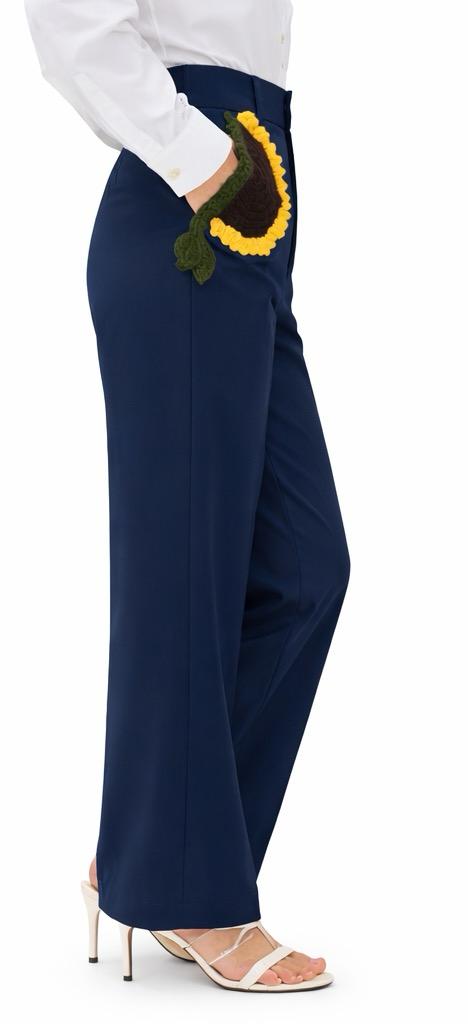 Sunflower Crochet-Embellished Tailored Pants