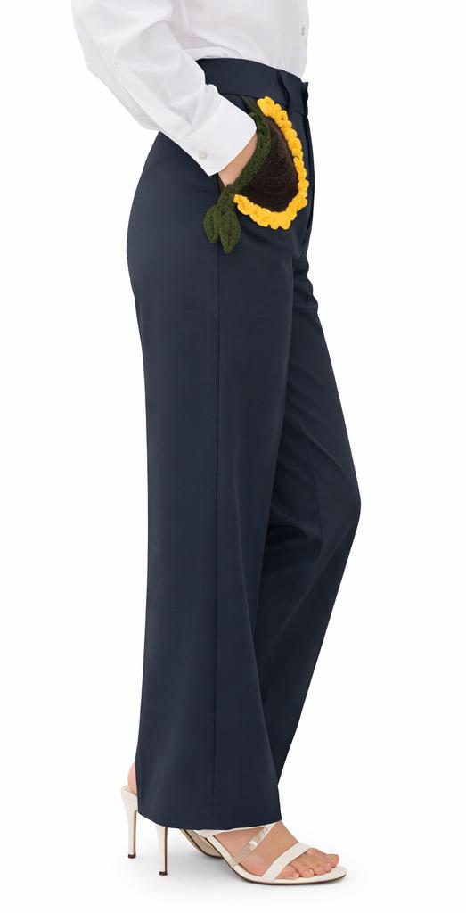 Sunflower Crochet-Embellished Tailored Pants