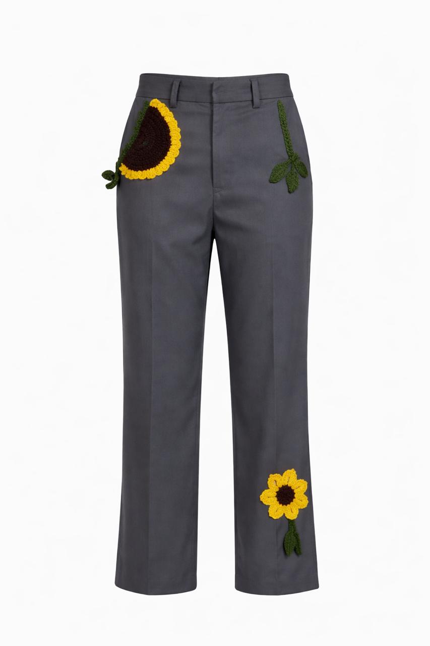 Sunflower Crochet-Embellished Tailored Pants