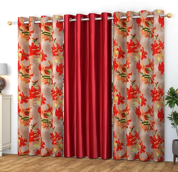 livingcreation Premium Polyester Floral Curtains – Pack of 3 (2 Printed + 1 Plain | Eyelet Style | Home & Living Room Curtains)