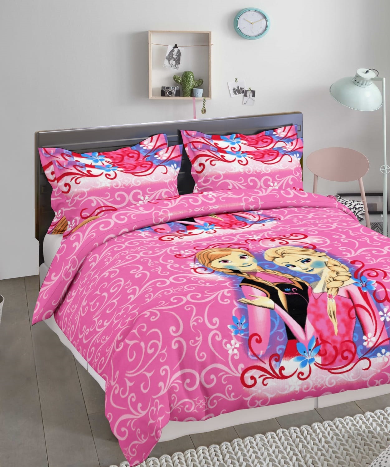 livingcreation Pure Cotton Kids Double Bedsheet with Pillow Covers | Disney & Cartoon Theme | 90x108 inches | Soft & Comfortable King Size Bedsheet