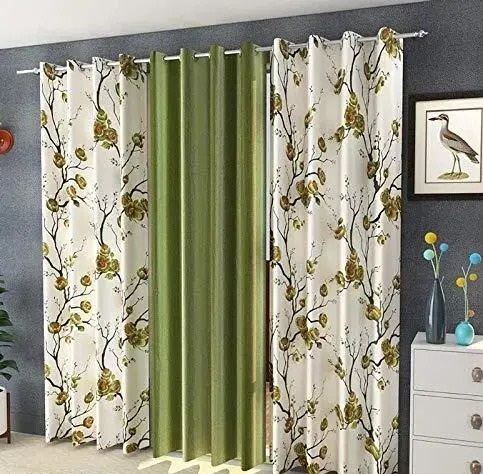 livingcreation Floral Printed Eyelet Polyester Curtains for Living Room & Bedroom | Set of 3 (2 Floral + 1 Plain)