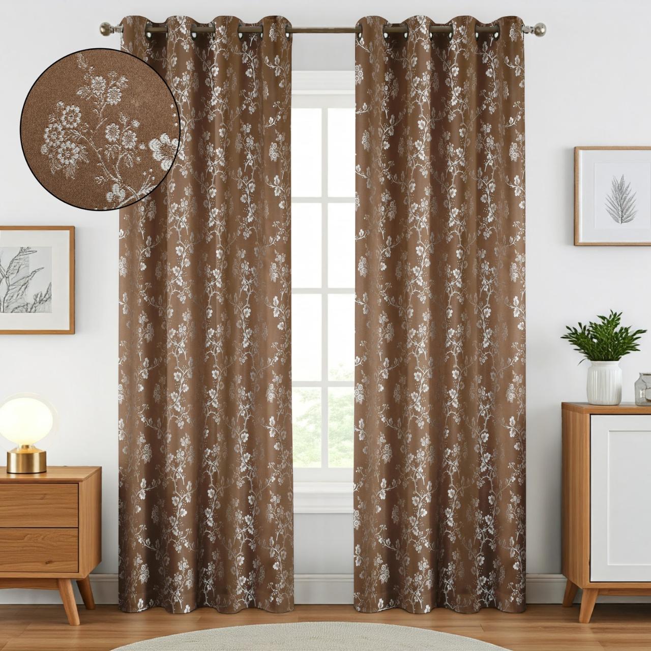 livingcreation Premium Jacquard Eyelet Curtains Pack Of 1 for Living Room & Bedroom | Floral Design Room Darkening Curtains | Elegant Home Decor