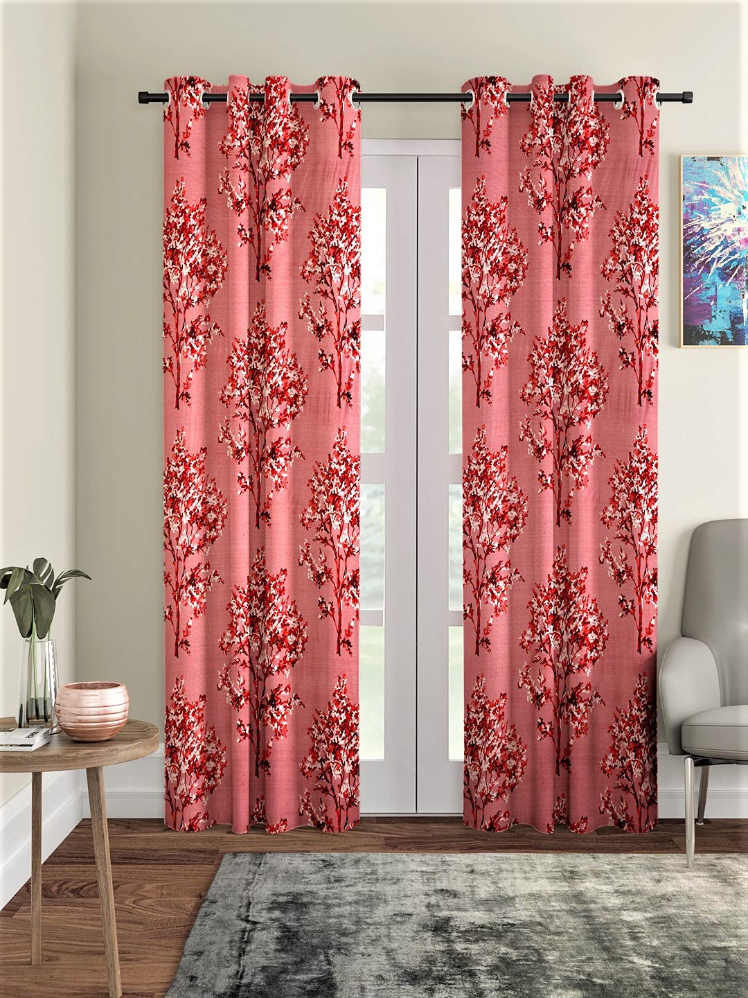 livingcreation Floral Printed Eyelet Polyester Curtains for Living Room & Bedroom | Set of 2 for Door/Window/Long Door