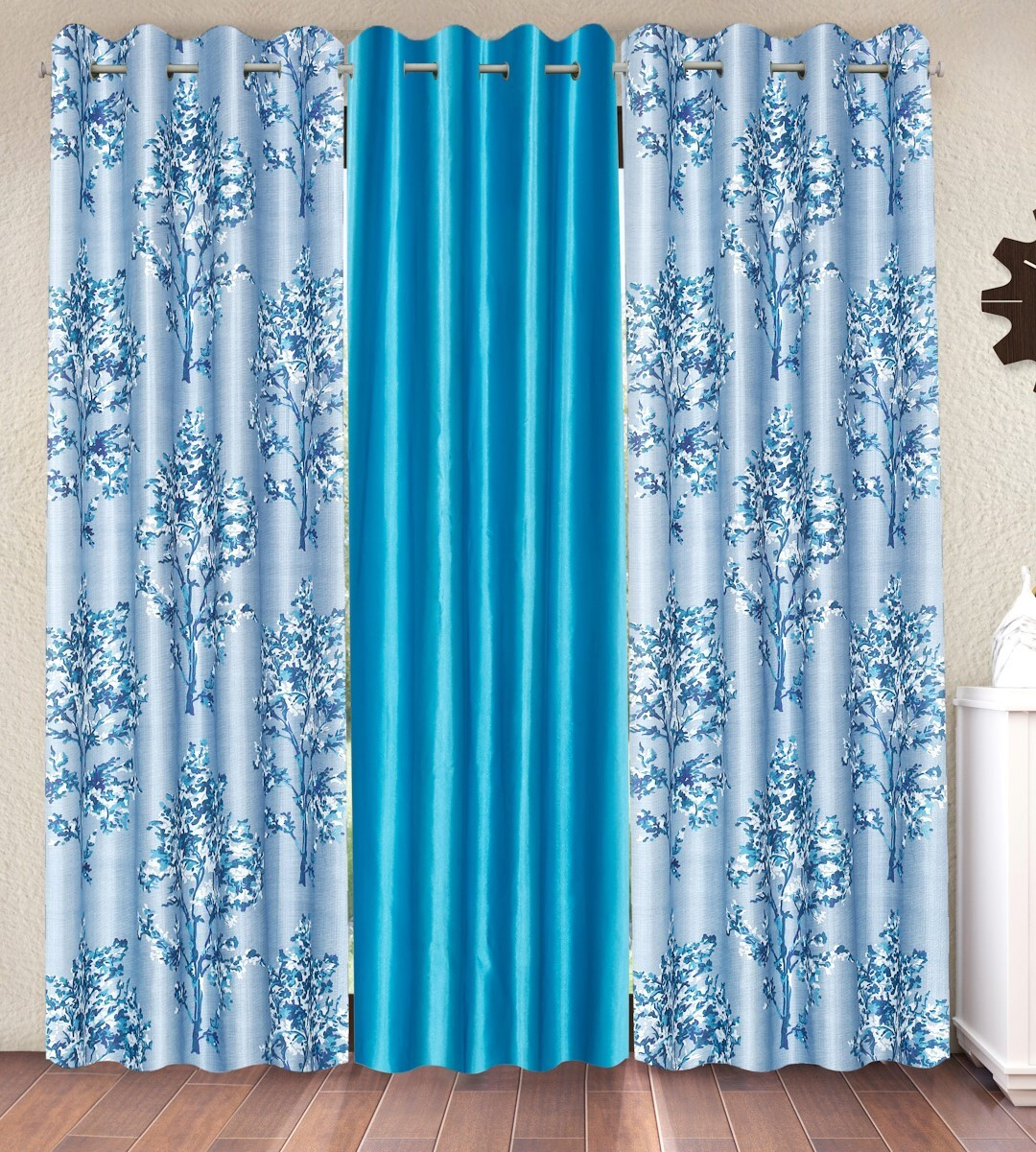 livingcreation Floral Printed Eyelet Polyester Curtains for Living Room & Bedroom | Set of 3 (2 Floral + 1 Plain)