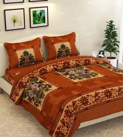 livingcreation Premium Woolen Double Bedsheet with 2 Pillow Covers | Warm & Soft Winter Bedsheet | Elegant Floral Print Blanket Style Bedsheet for Double Bed (90x100 Inches) (Brown)