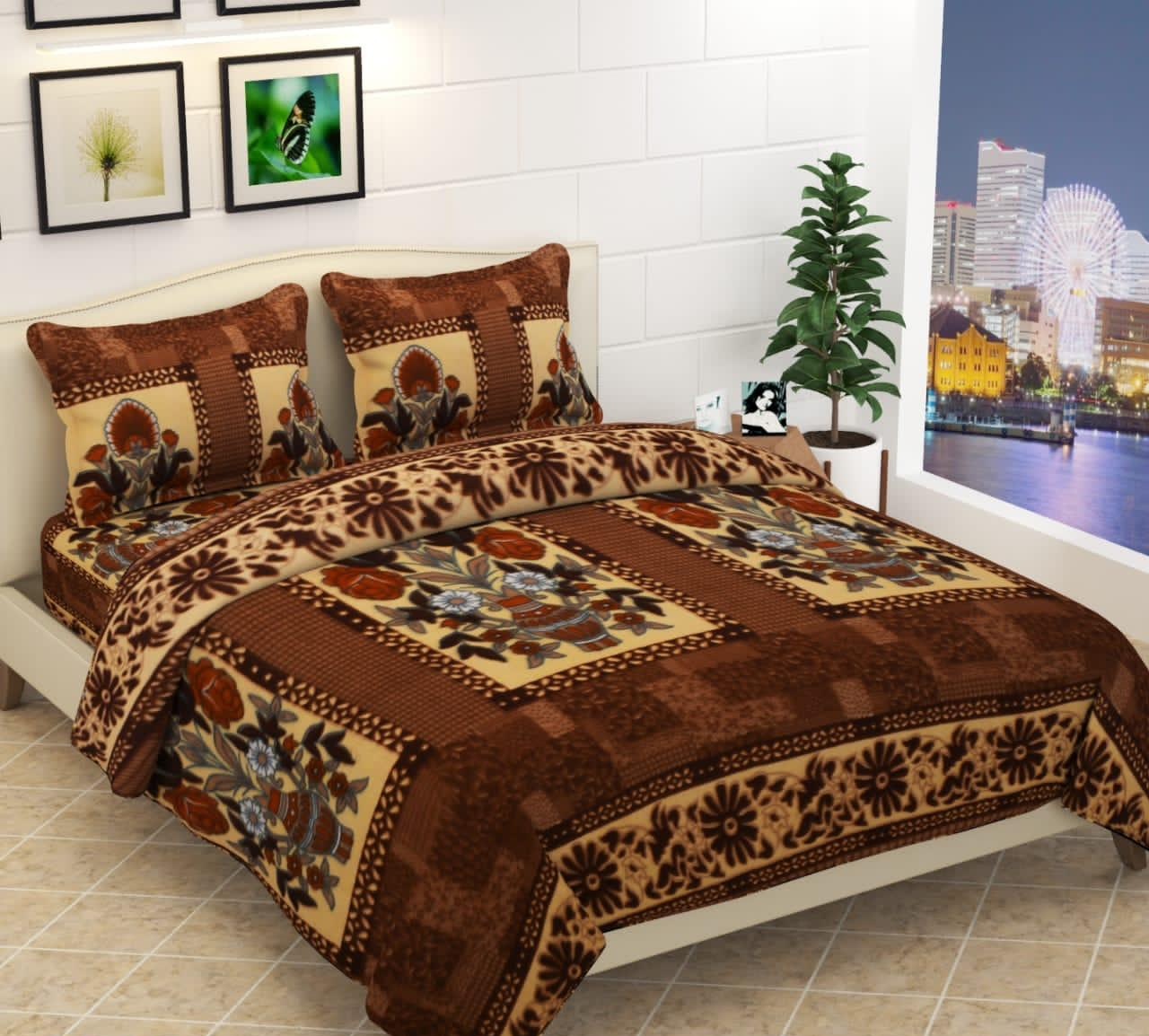 livingcreation Premium Woolen Double Bedsheet with 2 Pillow Covers | Warm & Soft Winter Bedsheet | Elegant Floral Print Blanket Style Bedsheet for Double Bed (90x100 Inches) (Brown)