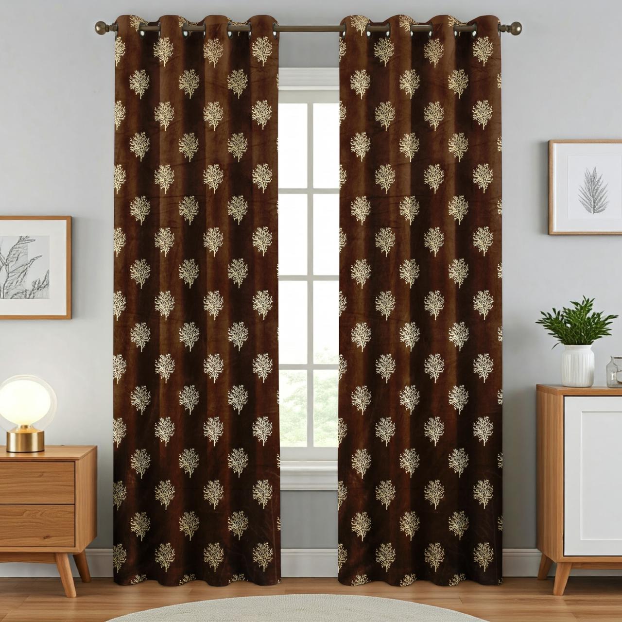 Heavy Velvet Fabric Luxury Looks Room Darkening Tree Designed Curtains Pack of 2