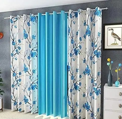 livingcreation Floral Printed Eyelet Polyester Curtains for Living Room & Bedroom | Set of 3 (2 Floral + 1 Plain)