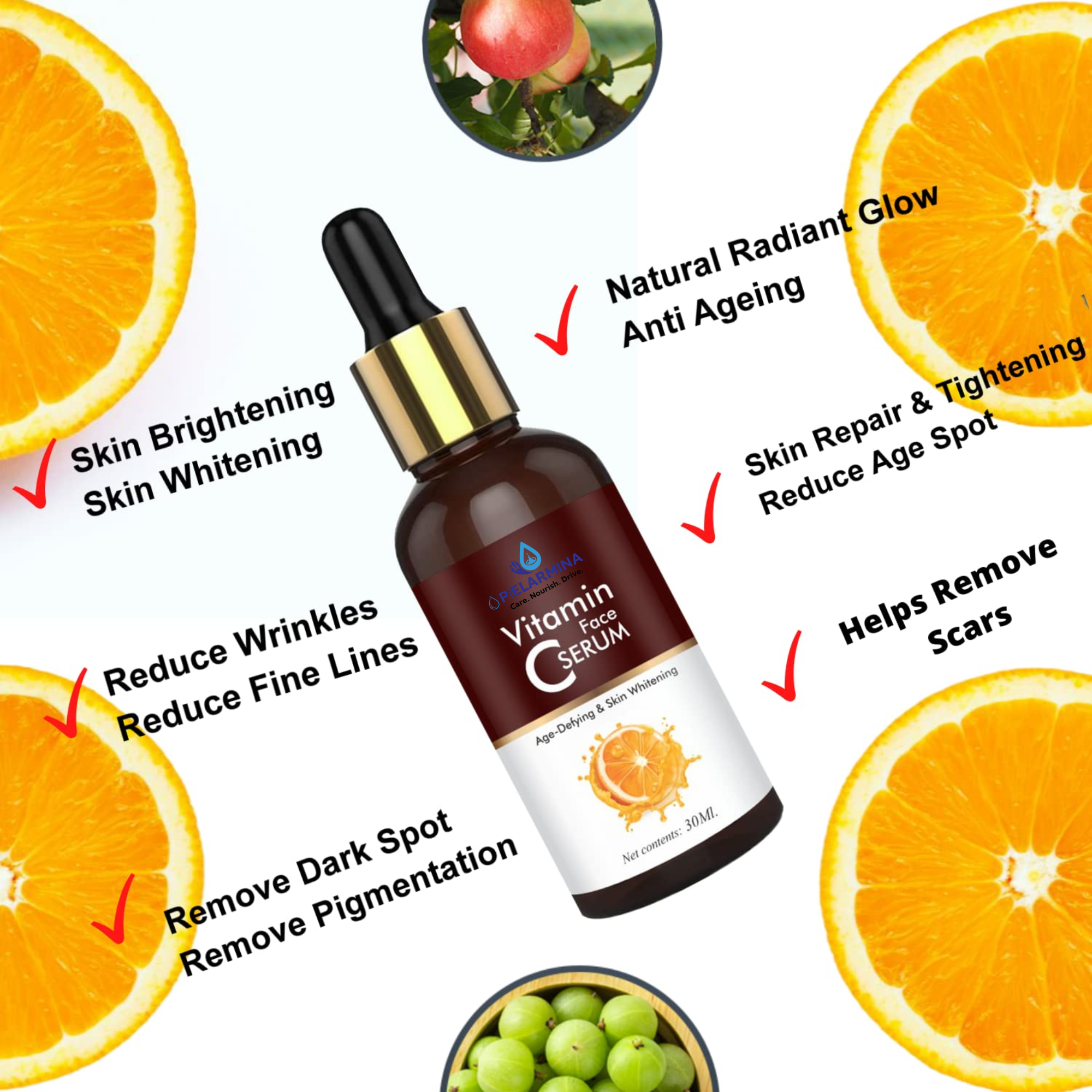 PÍELARMINA Vitamin C Face Serum For Glowing Skin, Skin Whitening & Brightening Serum for Pigmentation With Natural Ingredients For Men & Women 30 ml (Pack of 1)