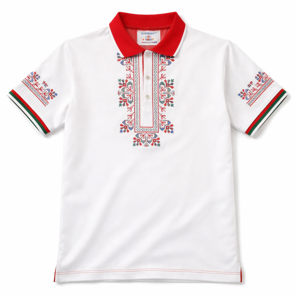 Traditional Bulgarian Polo Shirt with Folk Embroidery