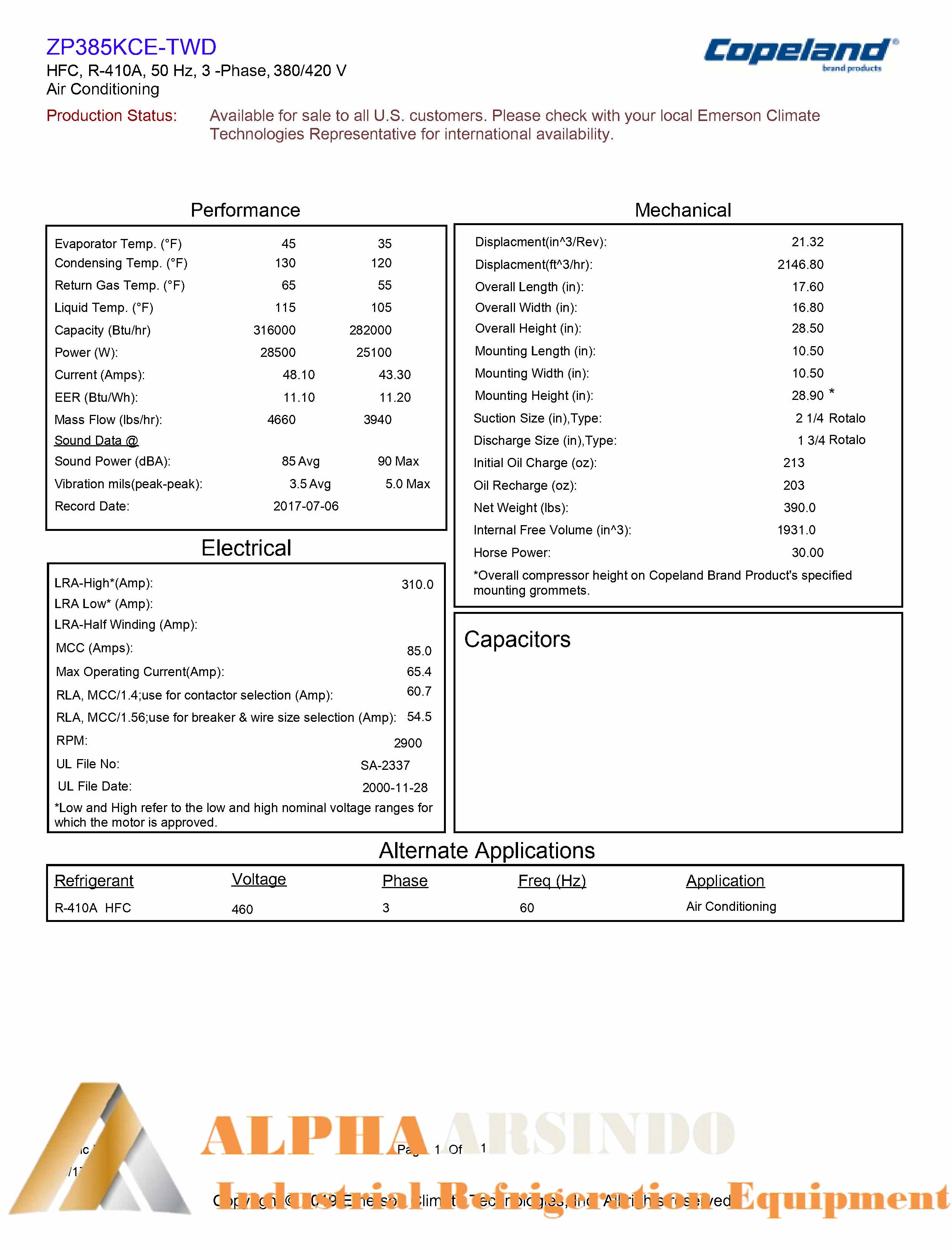 Copeland Scroll Compressor ZP385KCE-TWD-522