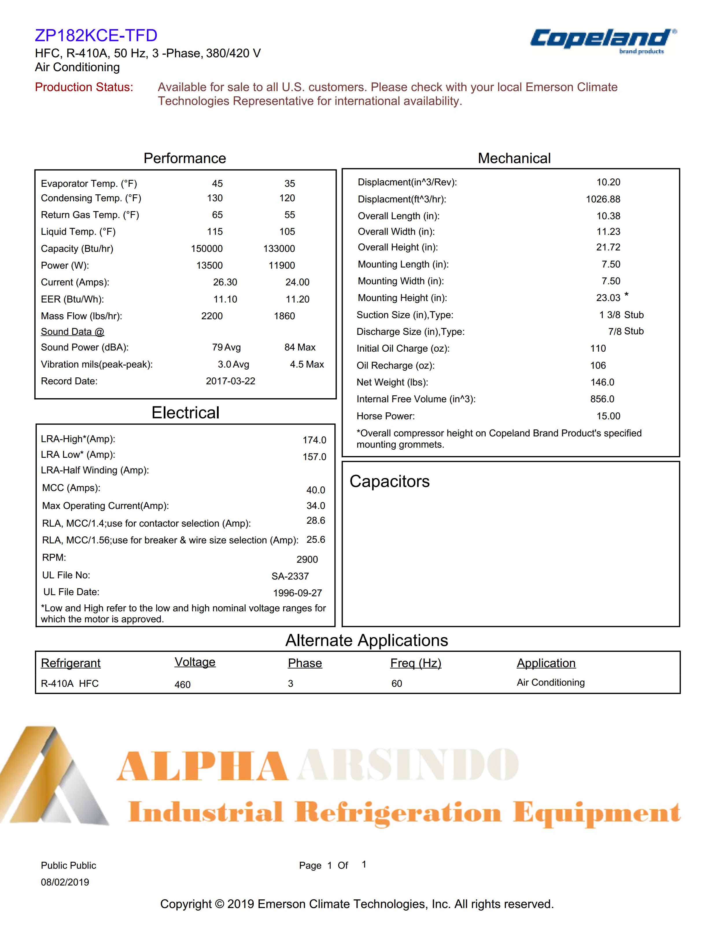 Copeland Scroll Compressor ZP182KCE-TFD-522