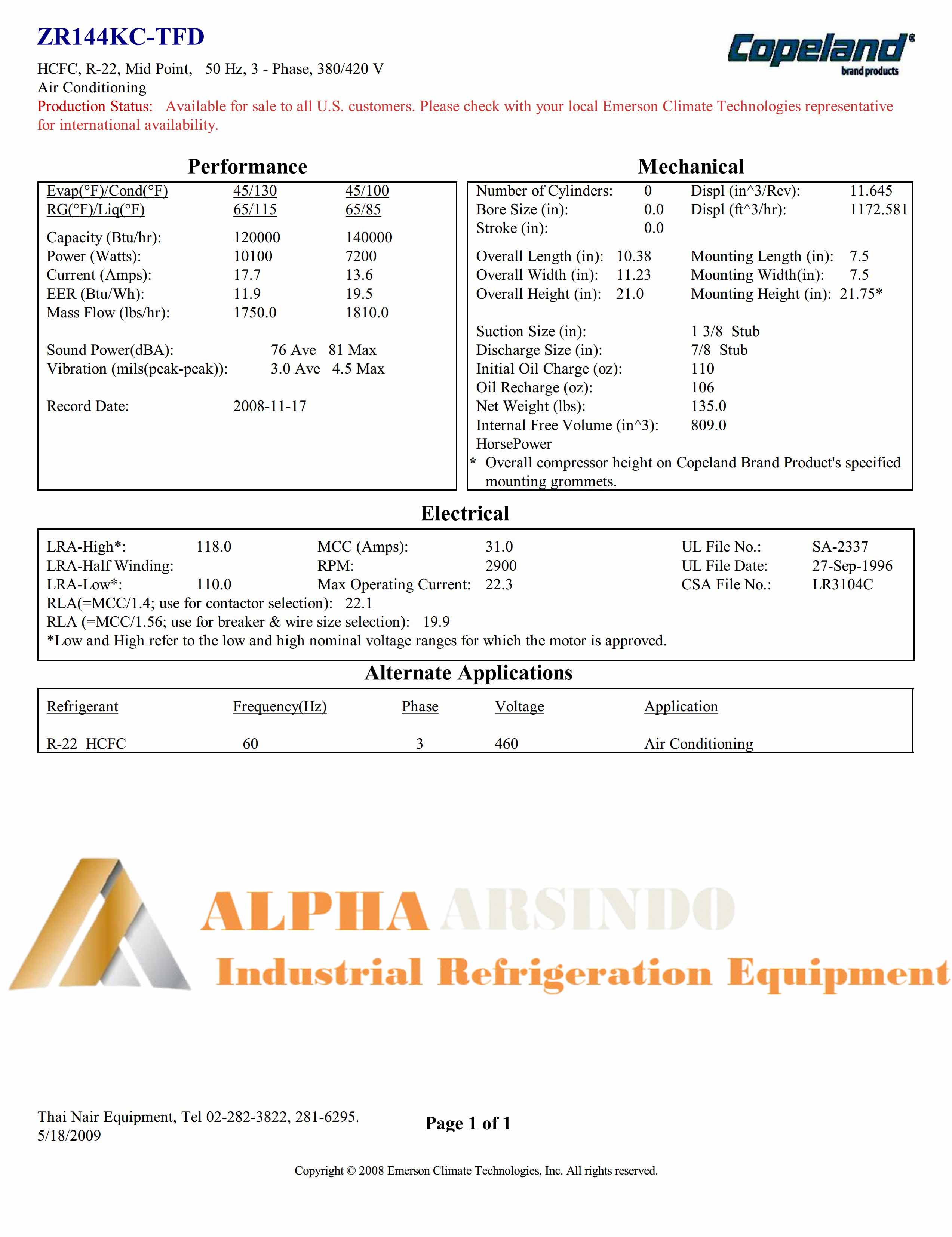Emerson Copeland Scroll Compressor ZR144KC-TFD-522
