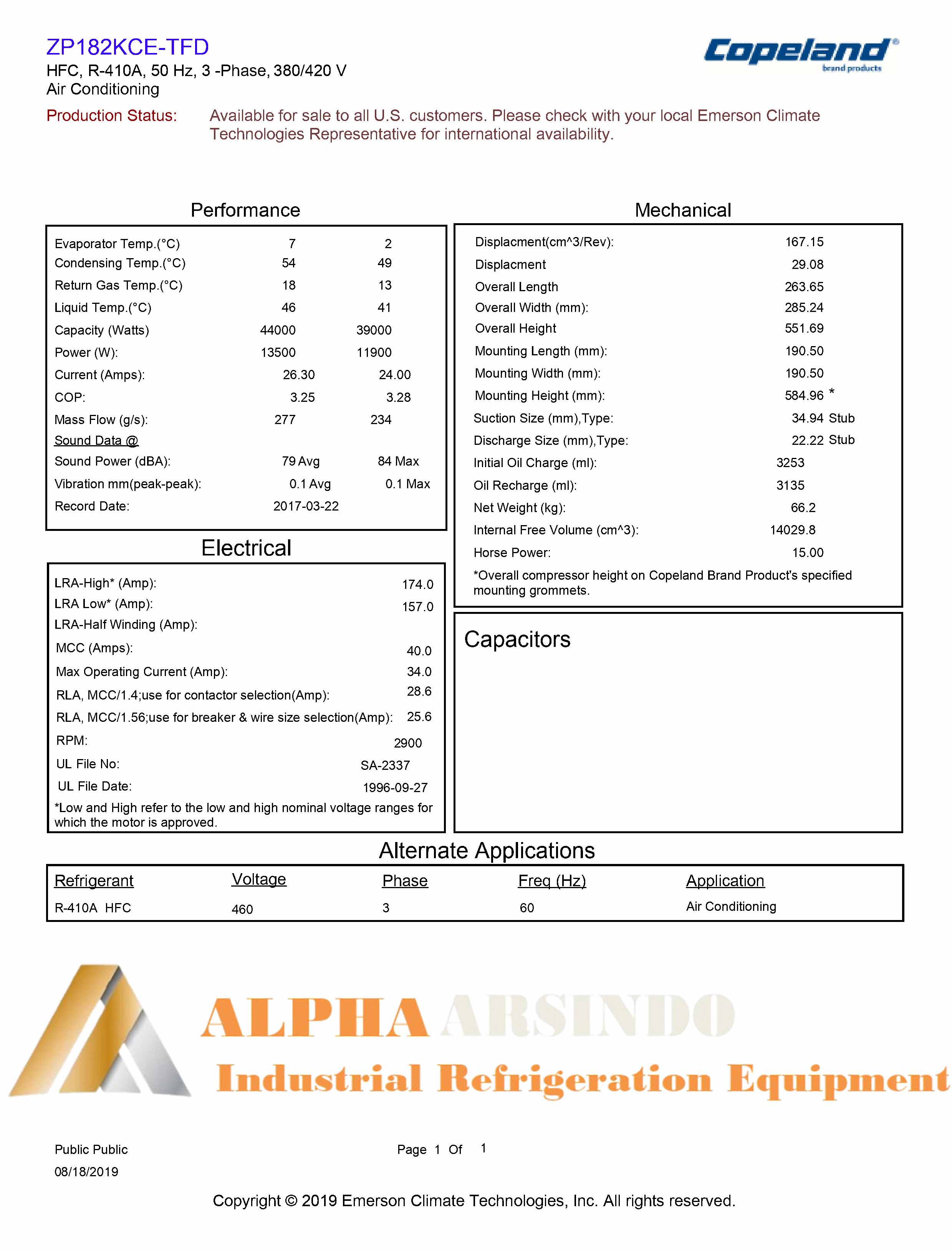 Copeland Scroll Compressor ZP182KCE-TFD-425