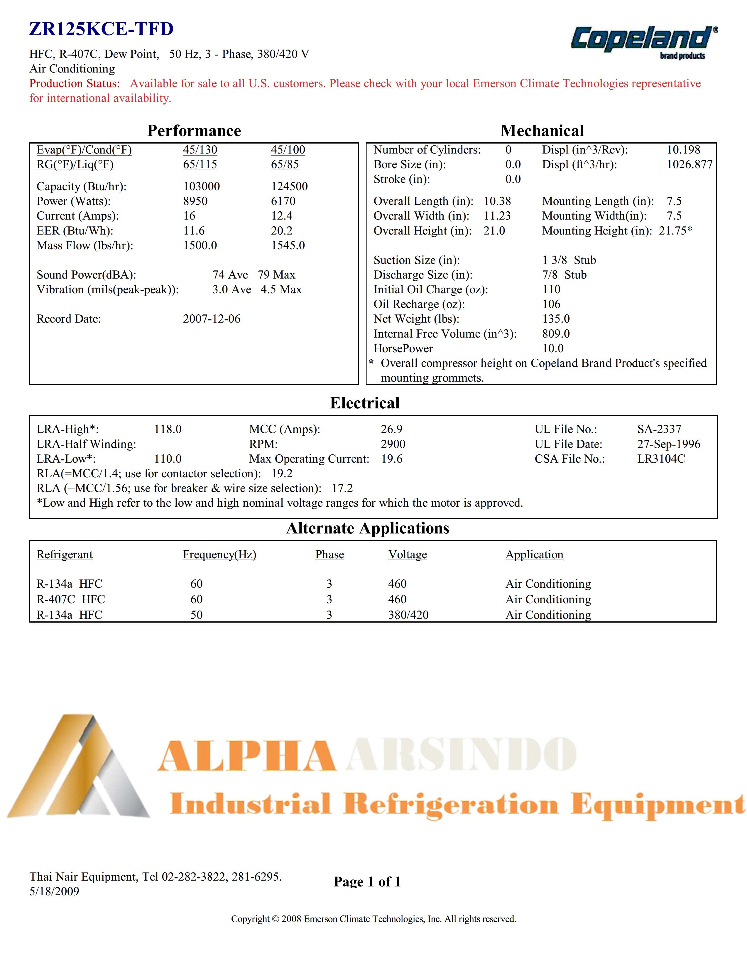 Emerson Copeland Scroll Compressor ZR125KCE-TFD-52E