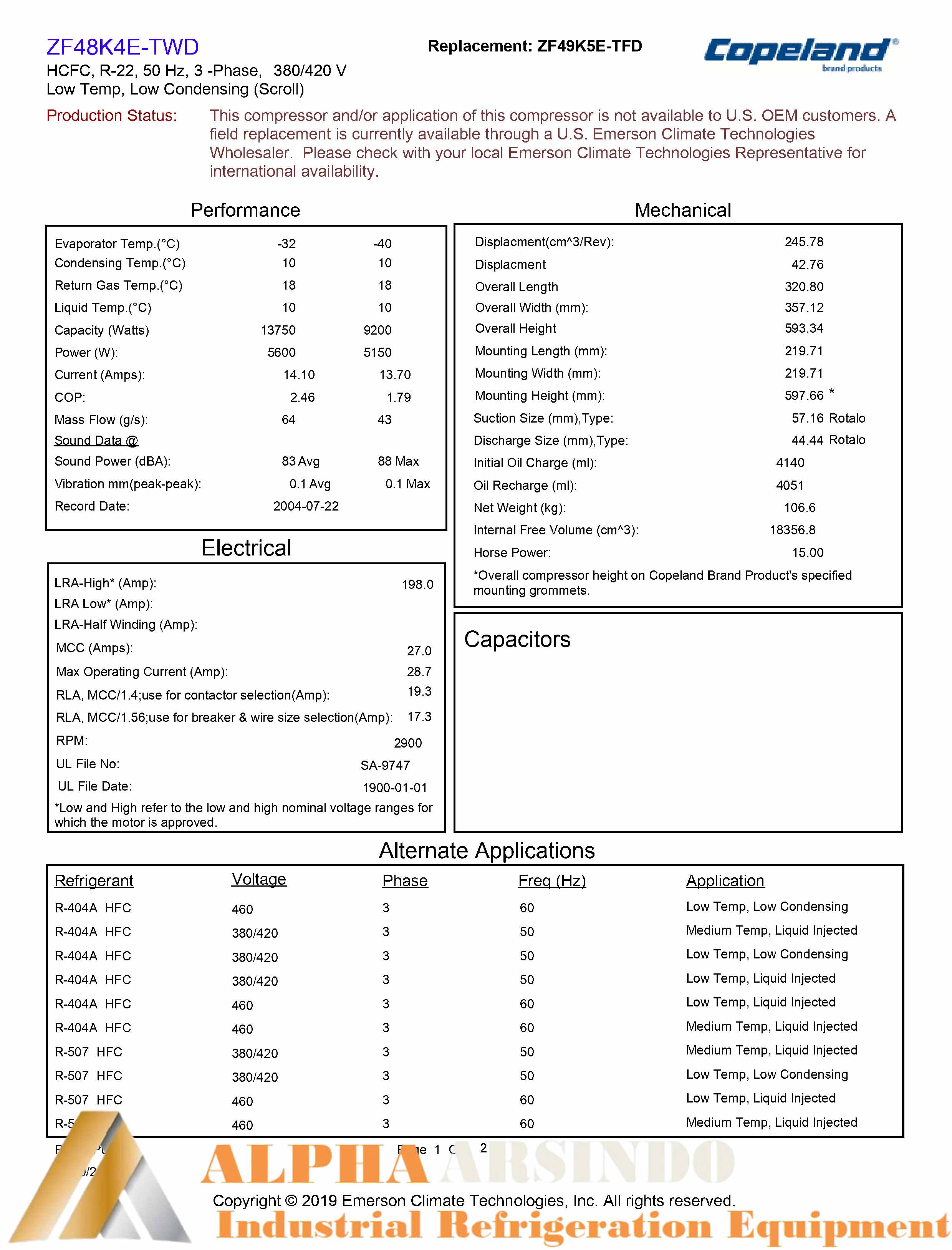 Copeland Scroll Compressor ZF48K4E-TWD-551