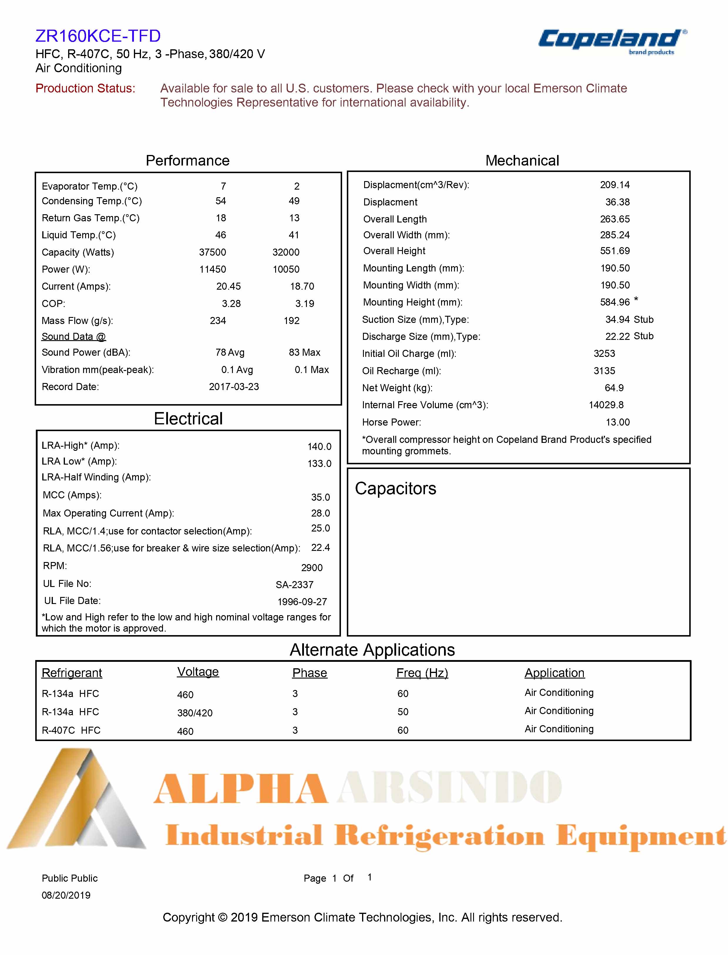 Copeland Scroll Compressor ZR160KCE-TFD-425