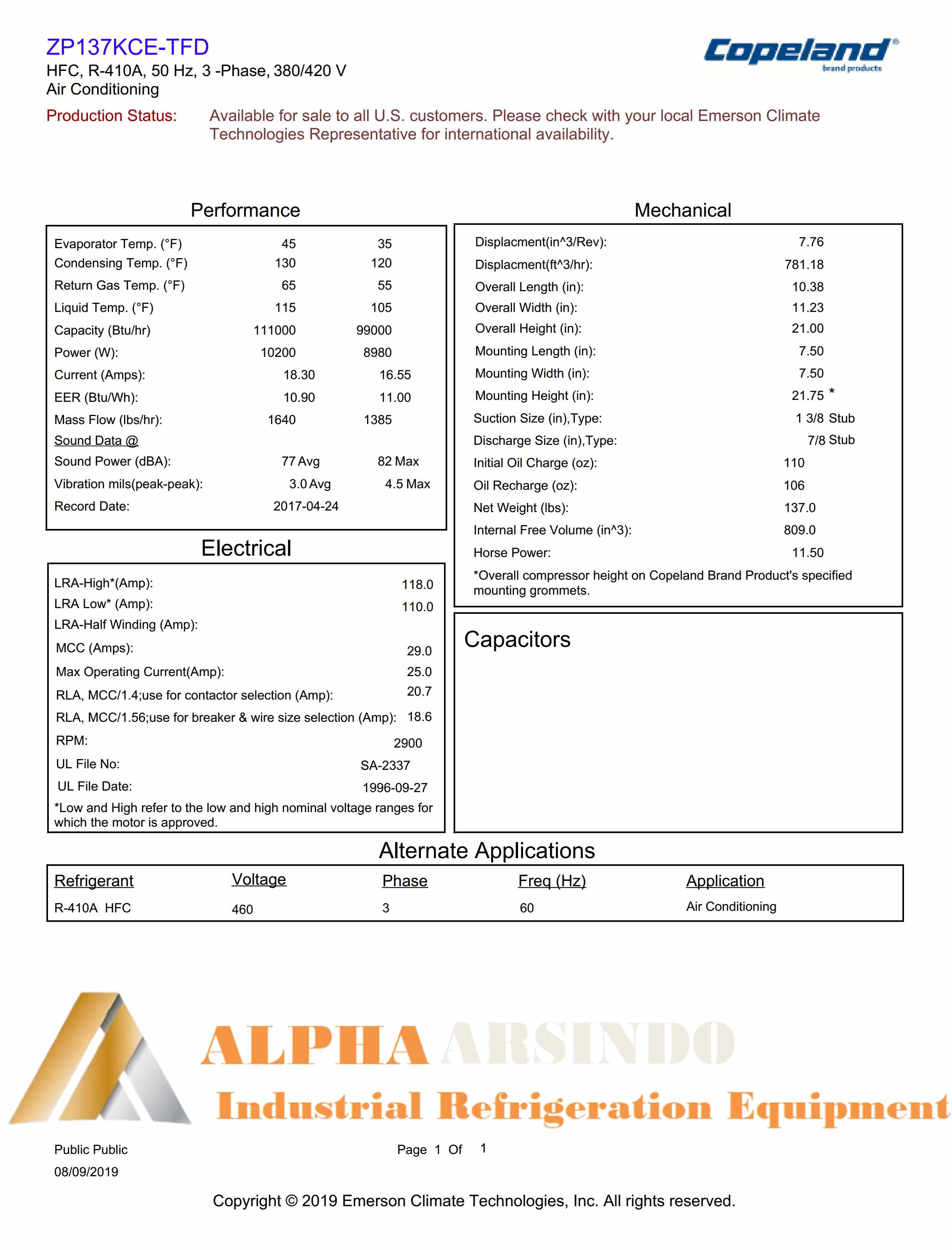Emerson Copeland Scroll Compressor ZP137KCE-TFD-52E