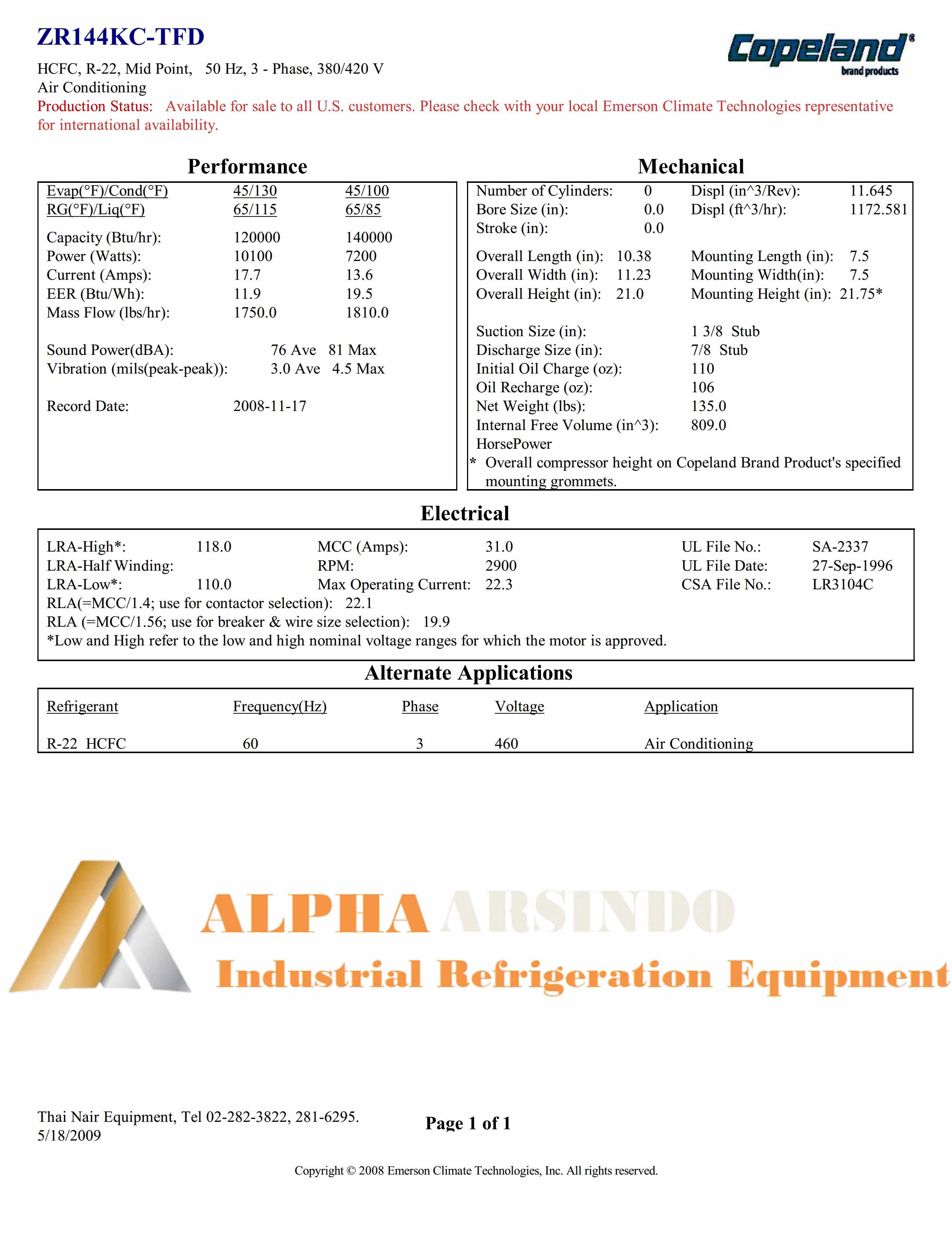 Emerson Copeland Scroll Compressor ZR144KC-TFD-422