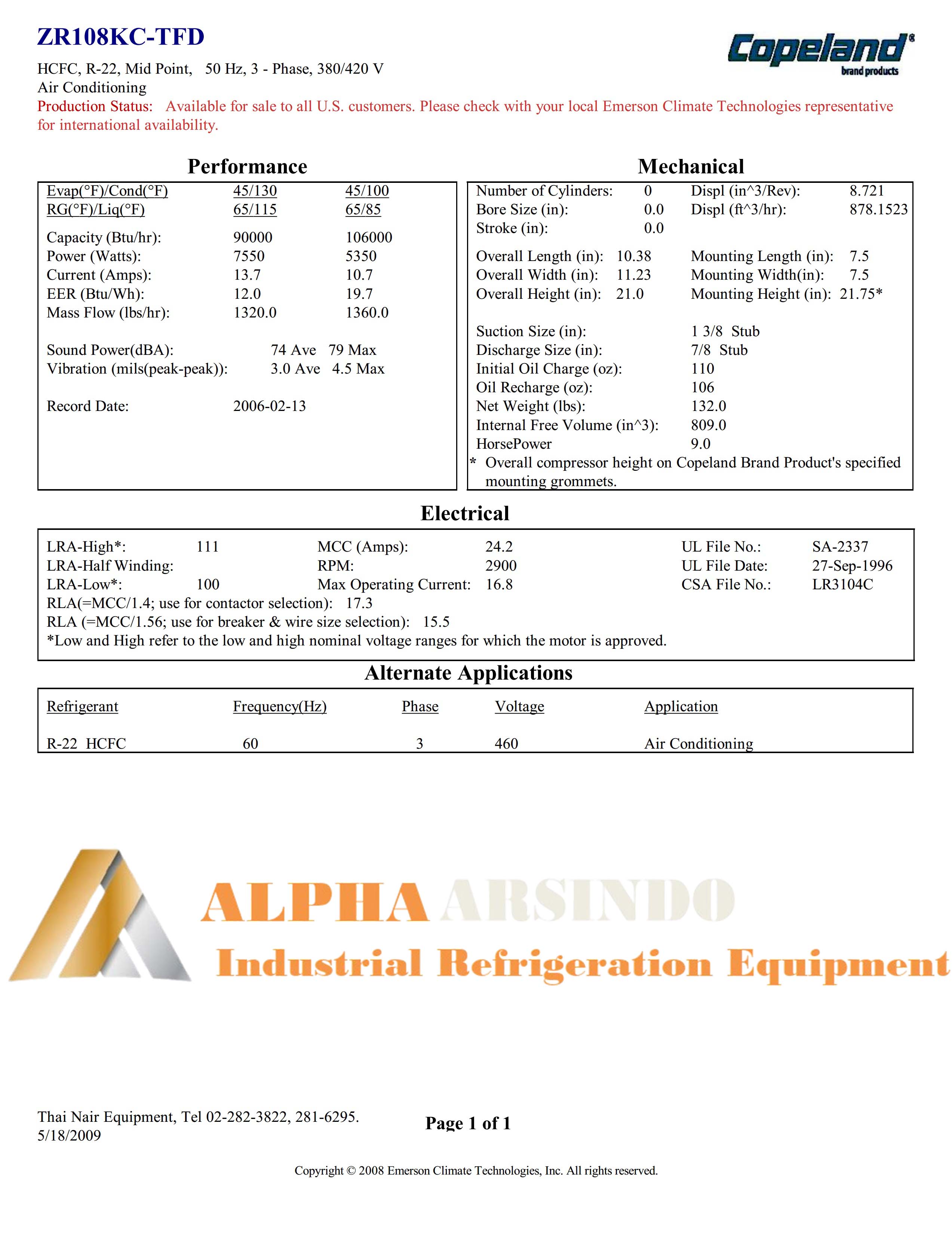 Copeland Scroll Compressor ZR108KC-TFD-522