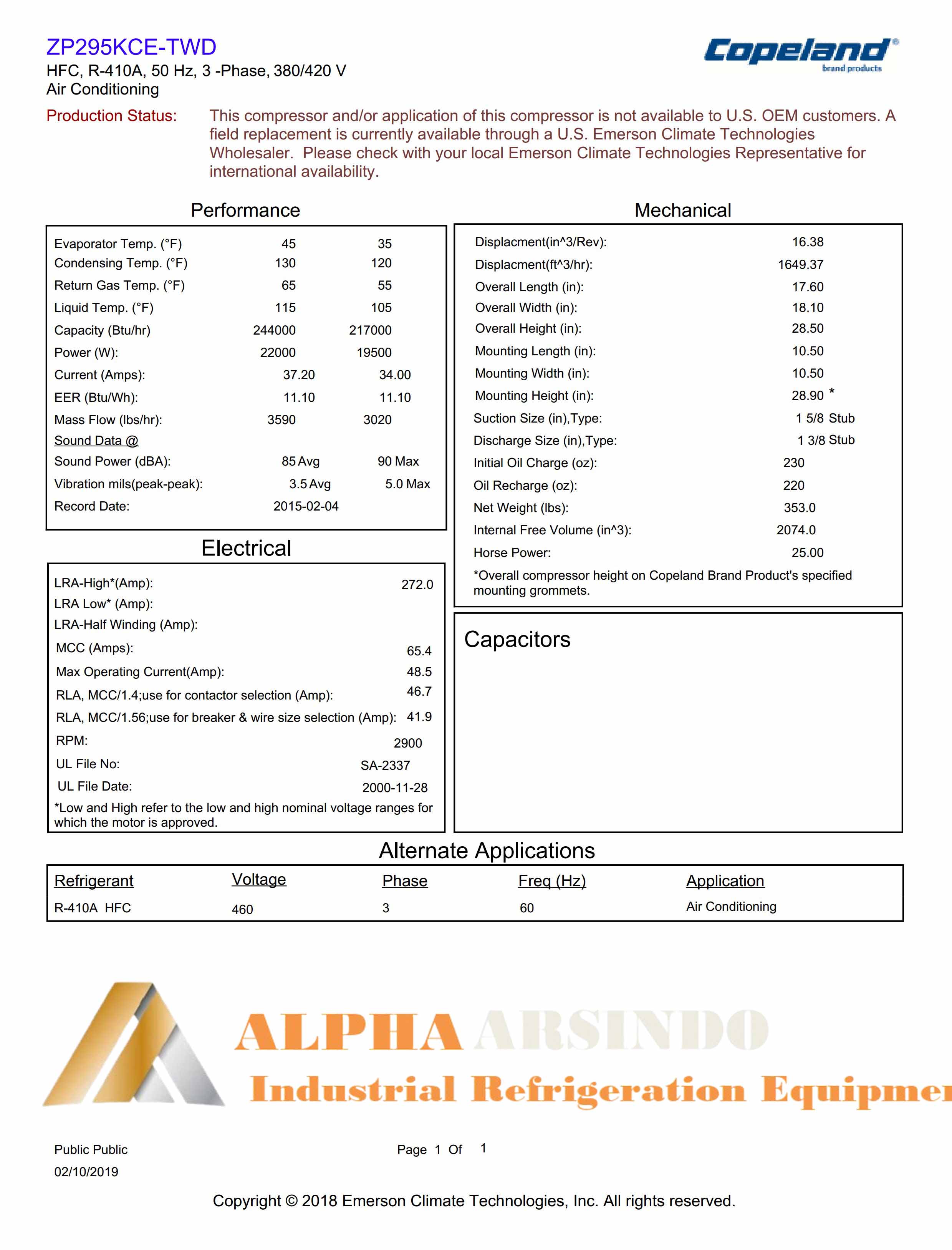 Emerson Copeland Scroll Compressor ZP295KCE-TWD-522