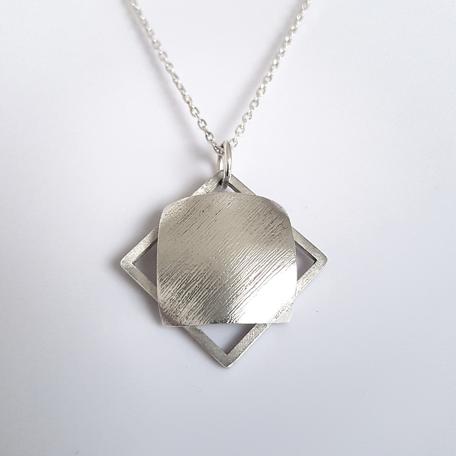Square Textured Pendant Necklace | Silver