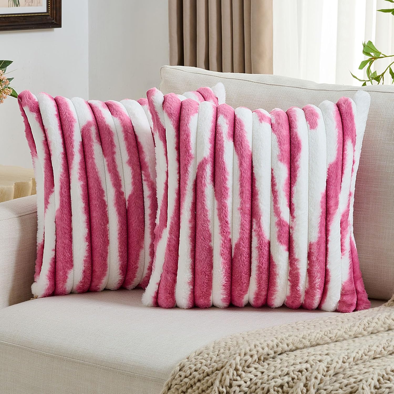 Plush Pink and White Decorative Pillows