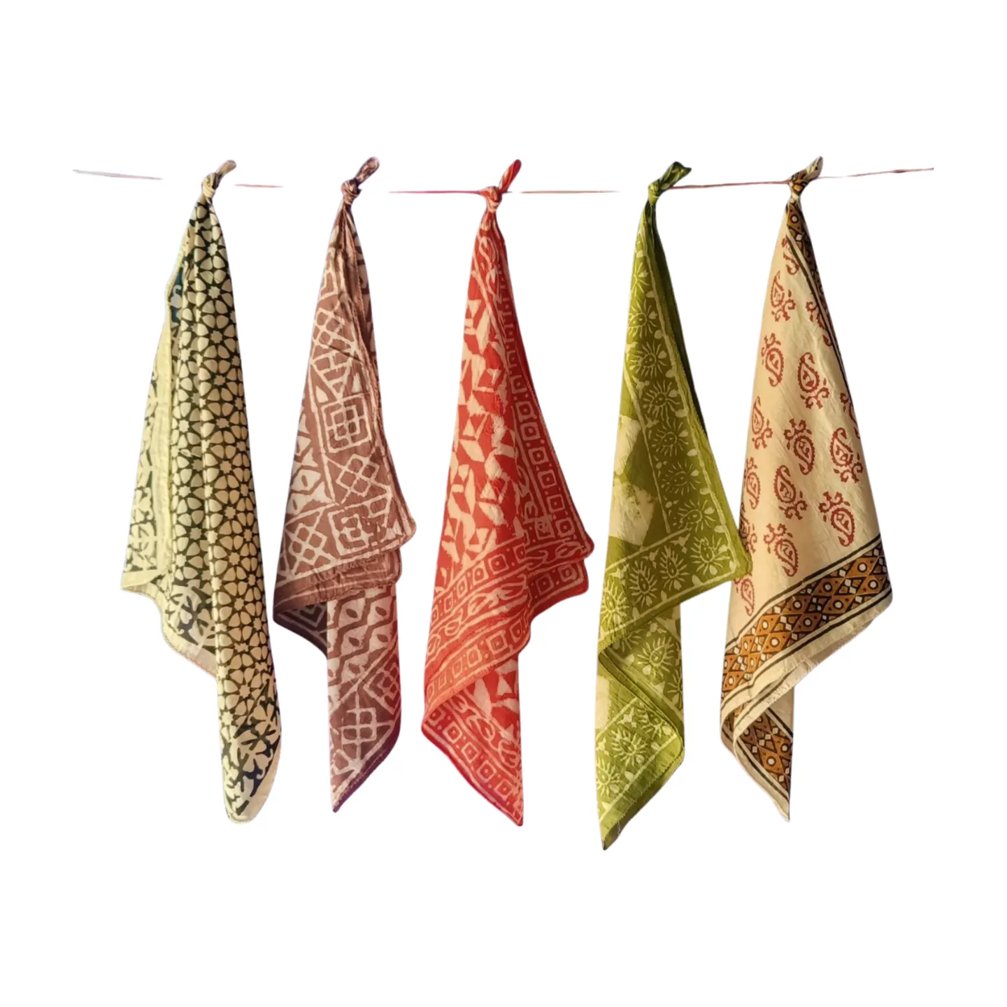Handmade Cotton Bandanas (Pack of 5) – Natural Color Block Print Scarves