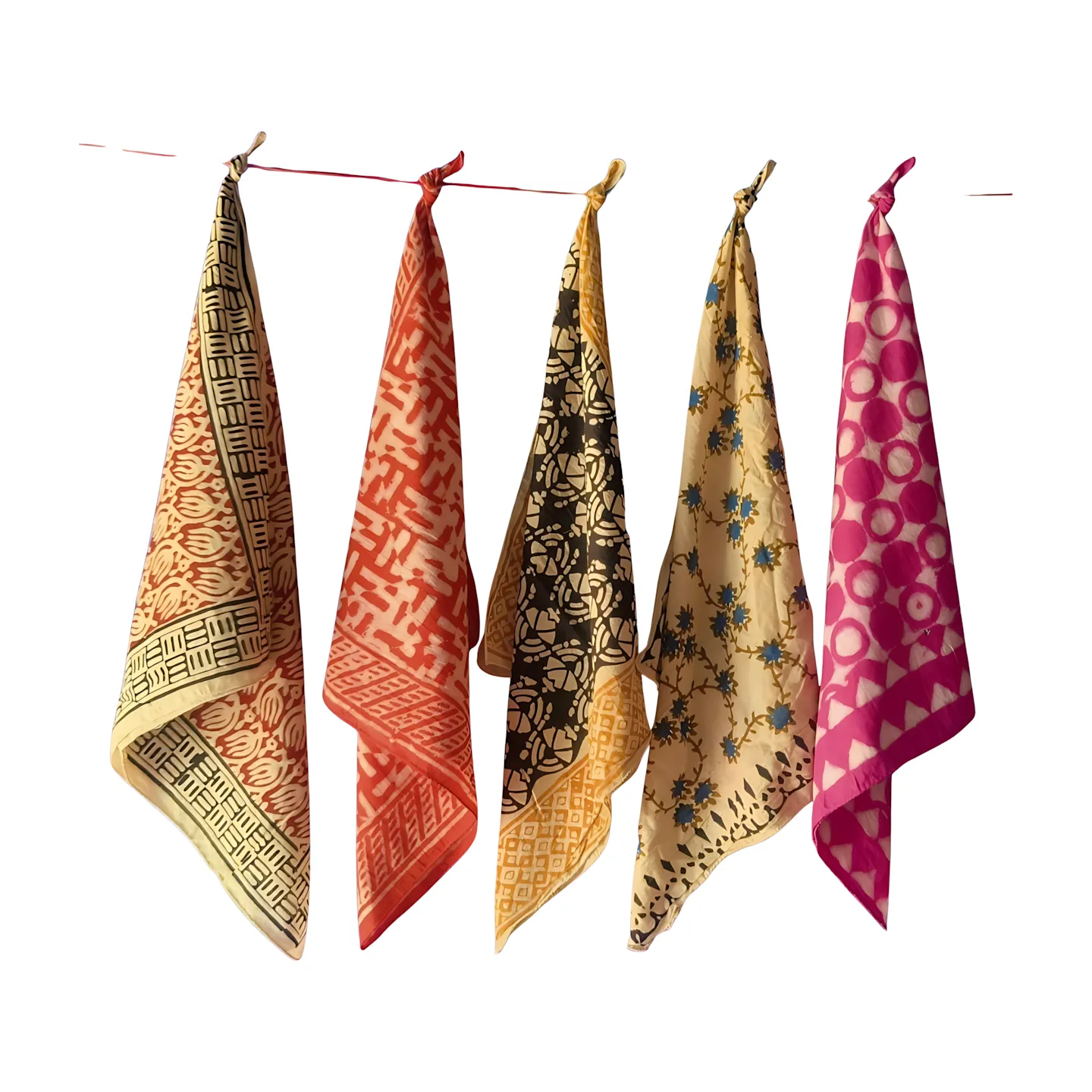 Block Print Cotton Bandanas – 5-Pack Natural Dye Handmade Scarves