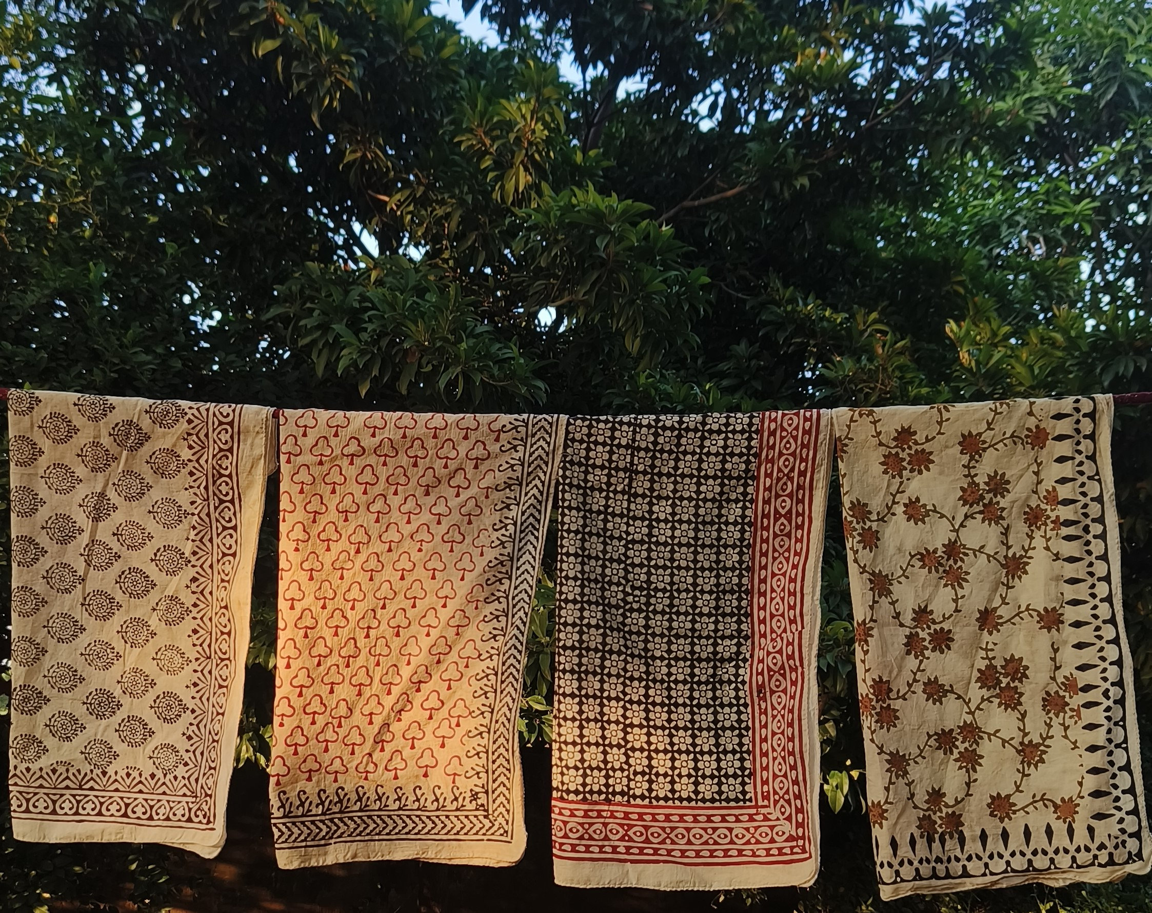Set of 7 Hand Block Print Cotton Bandanas – Natural Dye Handmade Scarves