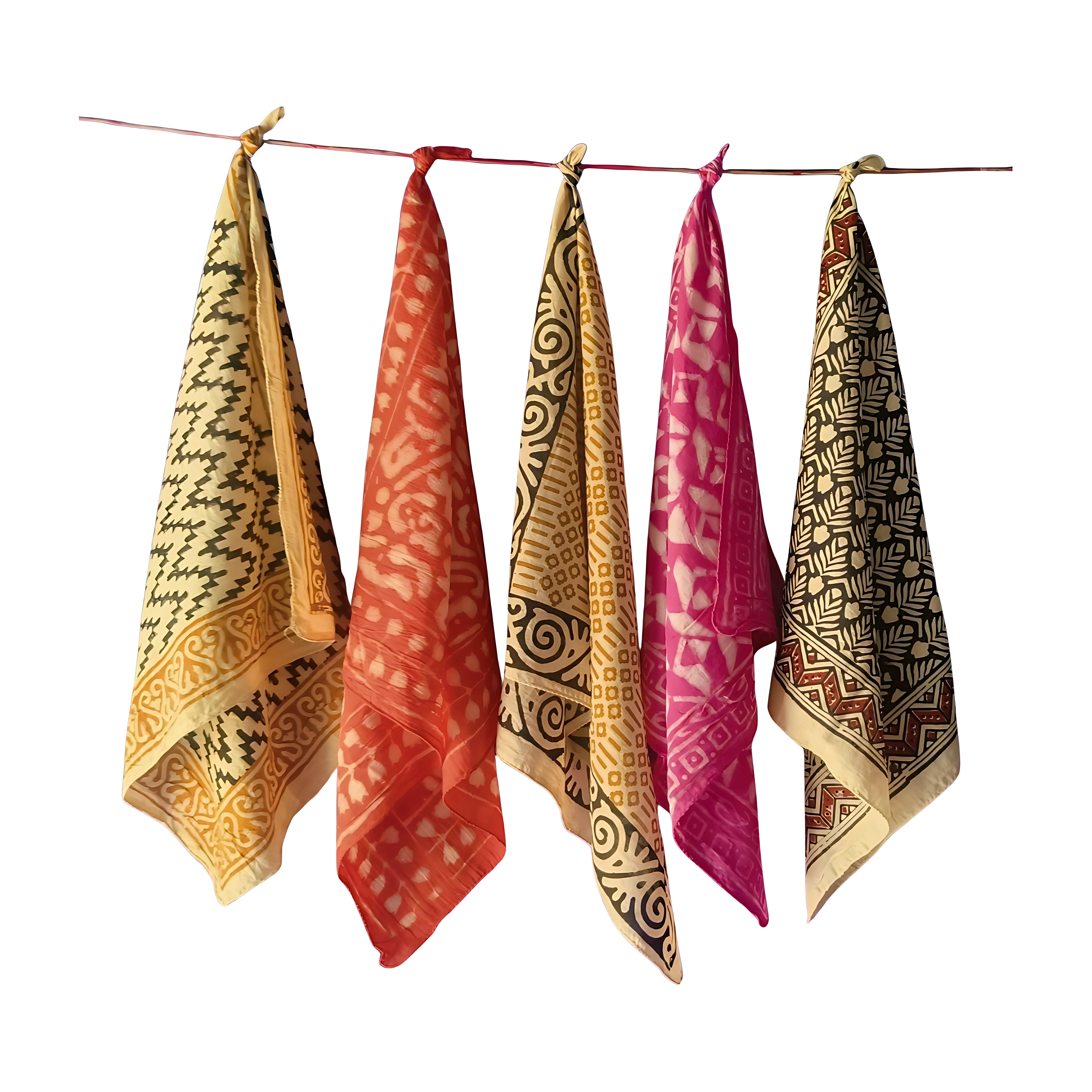 Set of 5 Indian Block Print Cotton Bandanas – Eco-Dyed & Handmade