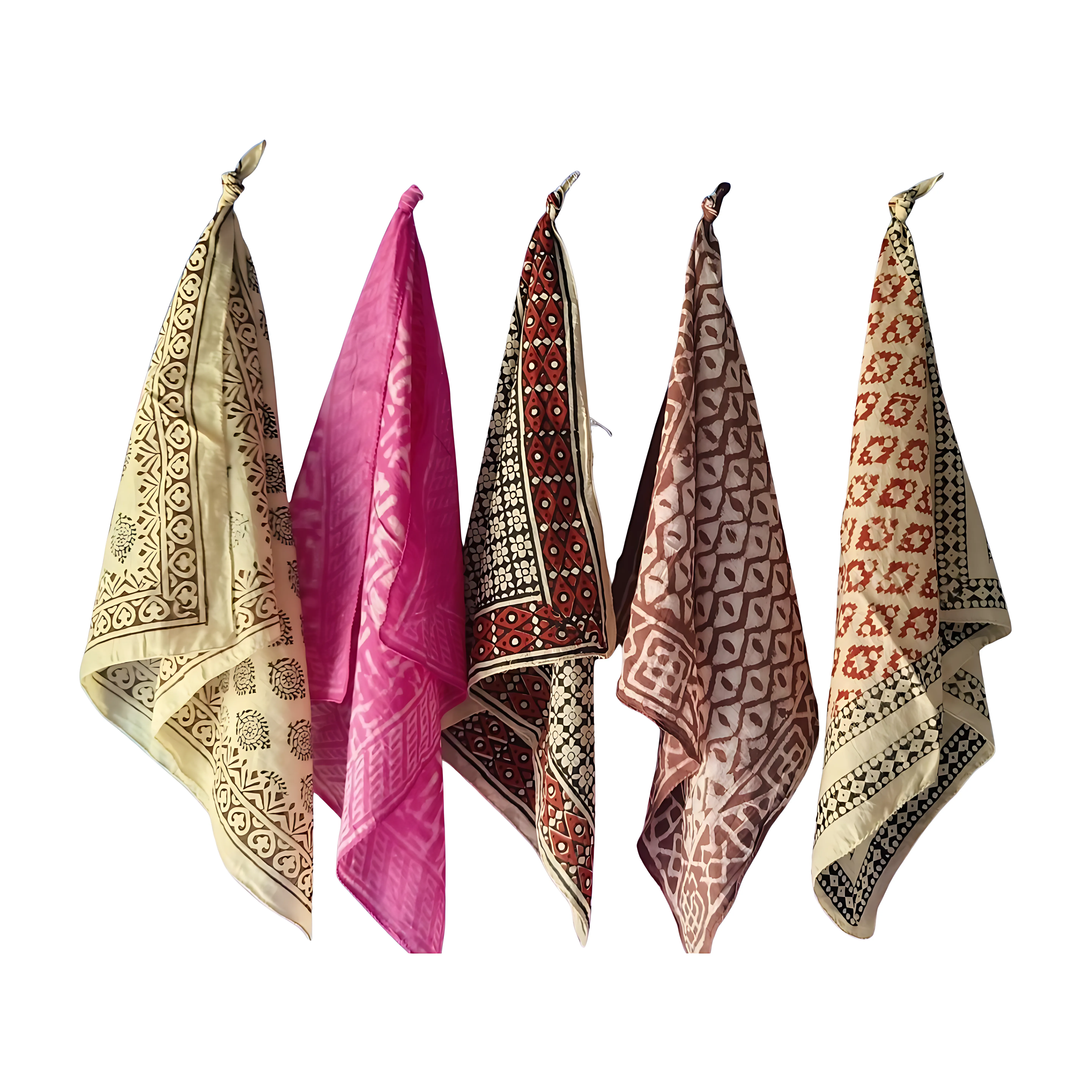 Handmade Block Print Cotton Bandanas – Set of 5 Artisan Scarves