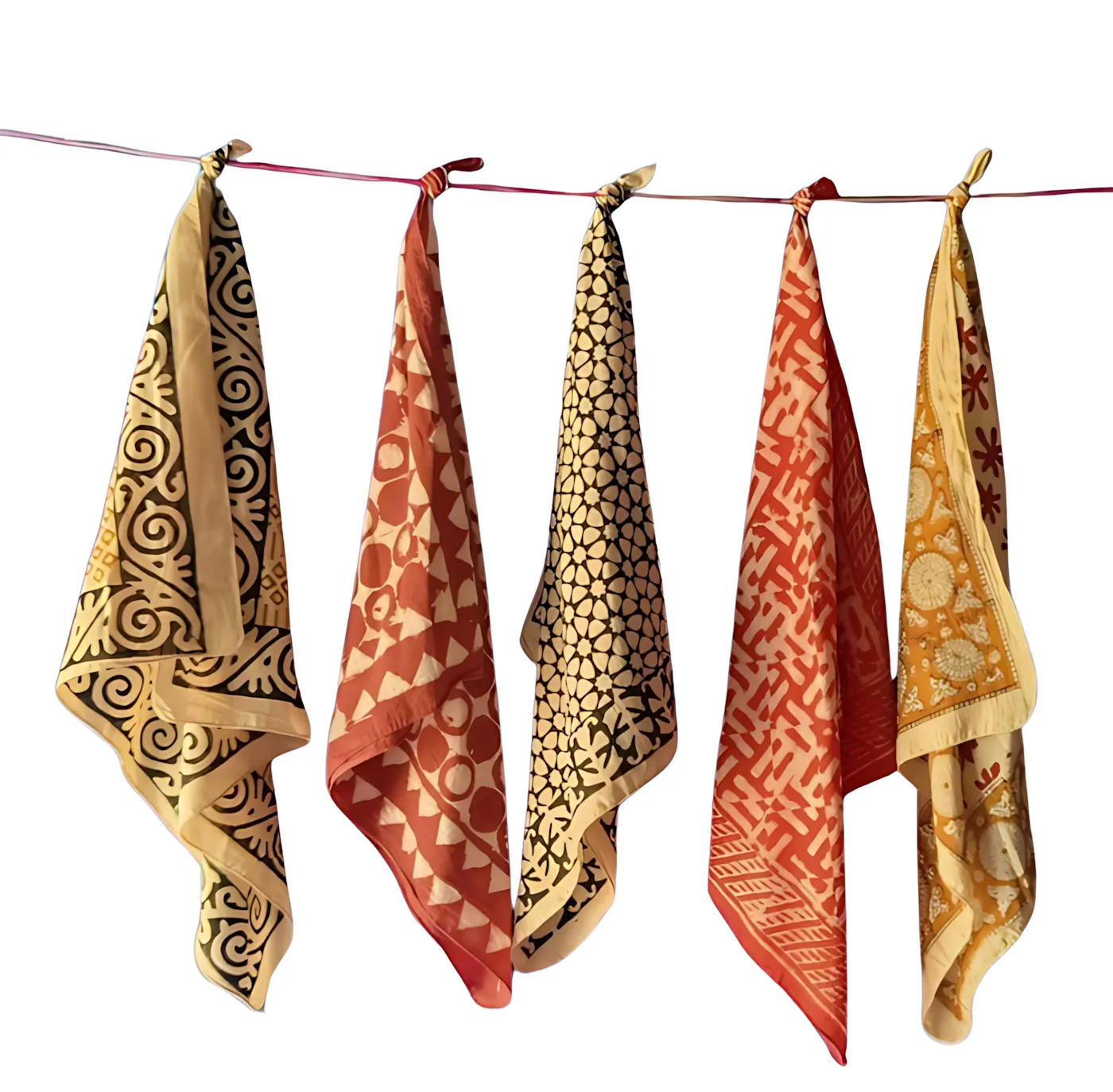 Natural Color Cotton Bandanas – Handmade Set of 5 Block Prints