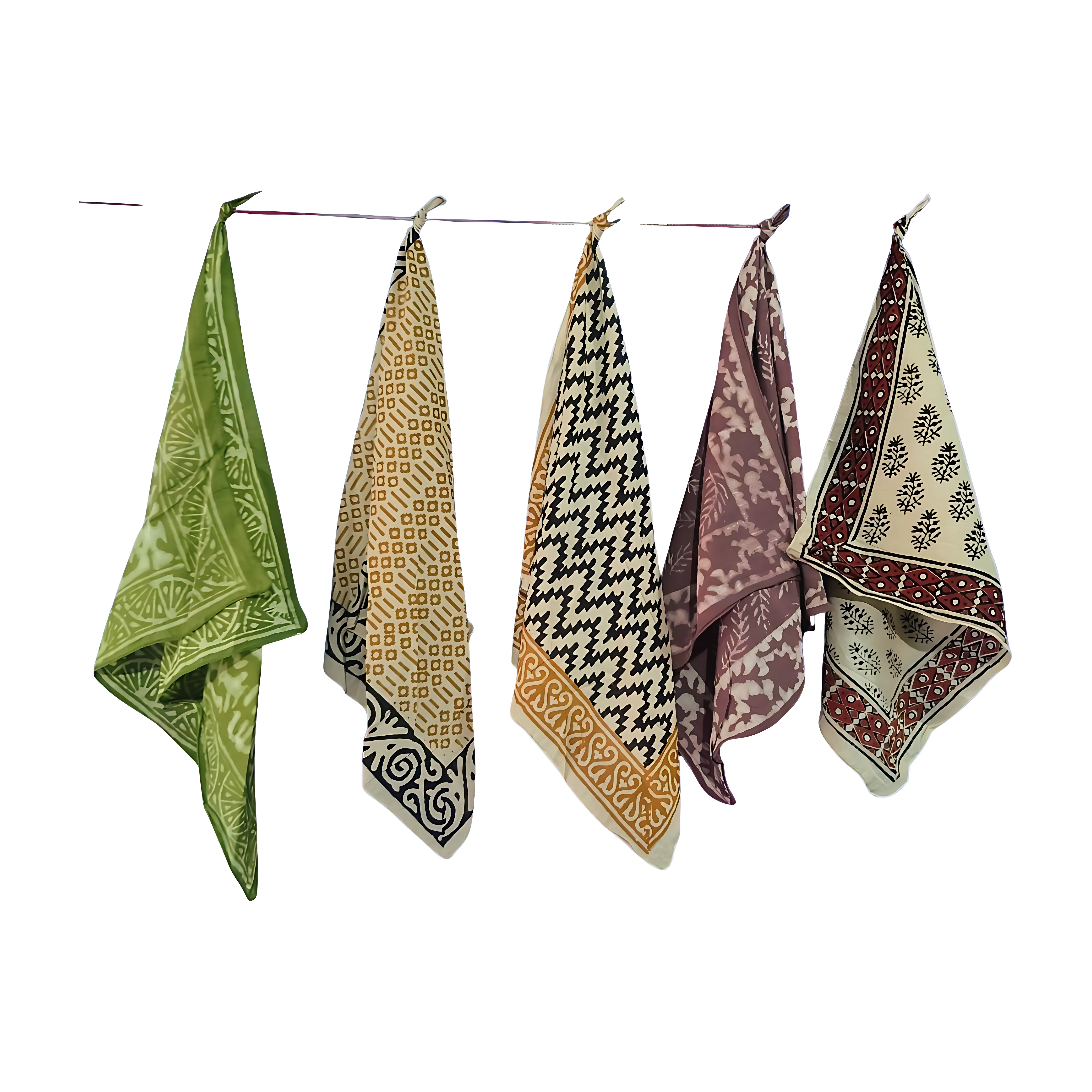 Natural Cotton Bandana Pack (5-Piece) – Handmade Block Print Scarves