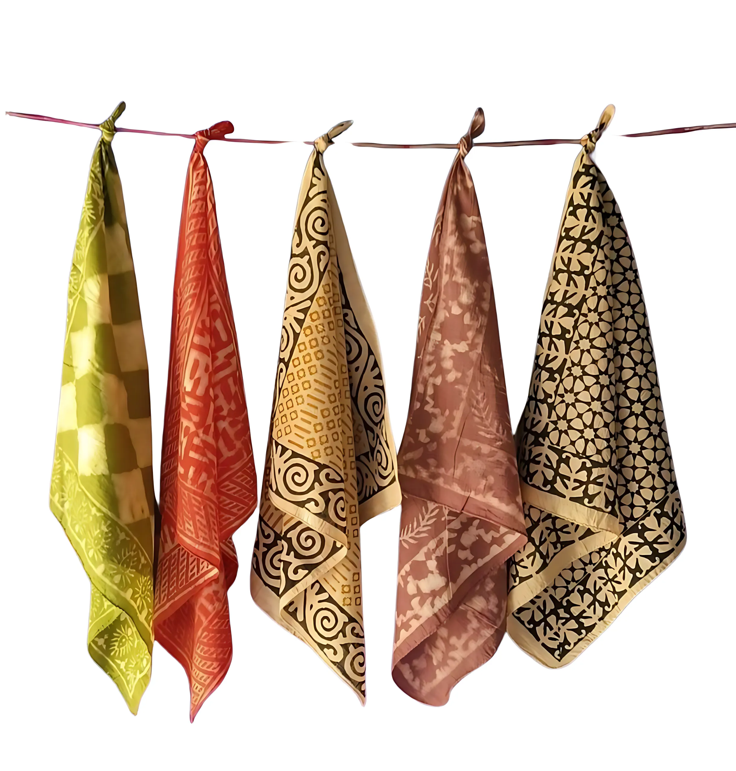 Set of 5 Natural Dye Cotton Bandanas – Handmade Indian Block Print Scarves