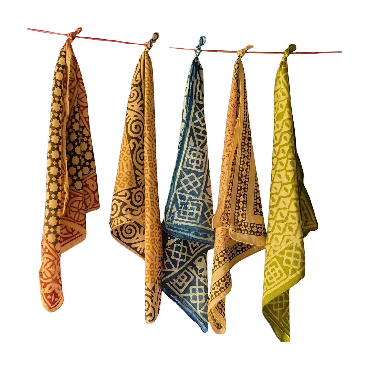 Set of 5 Hand Block Print Bandanas – Natural Dye Cotton Scarves for Men & Women