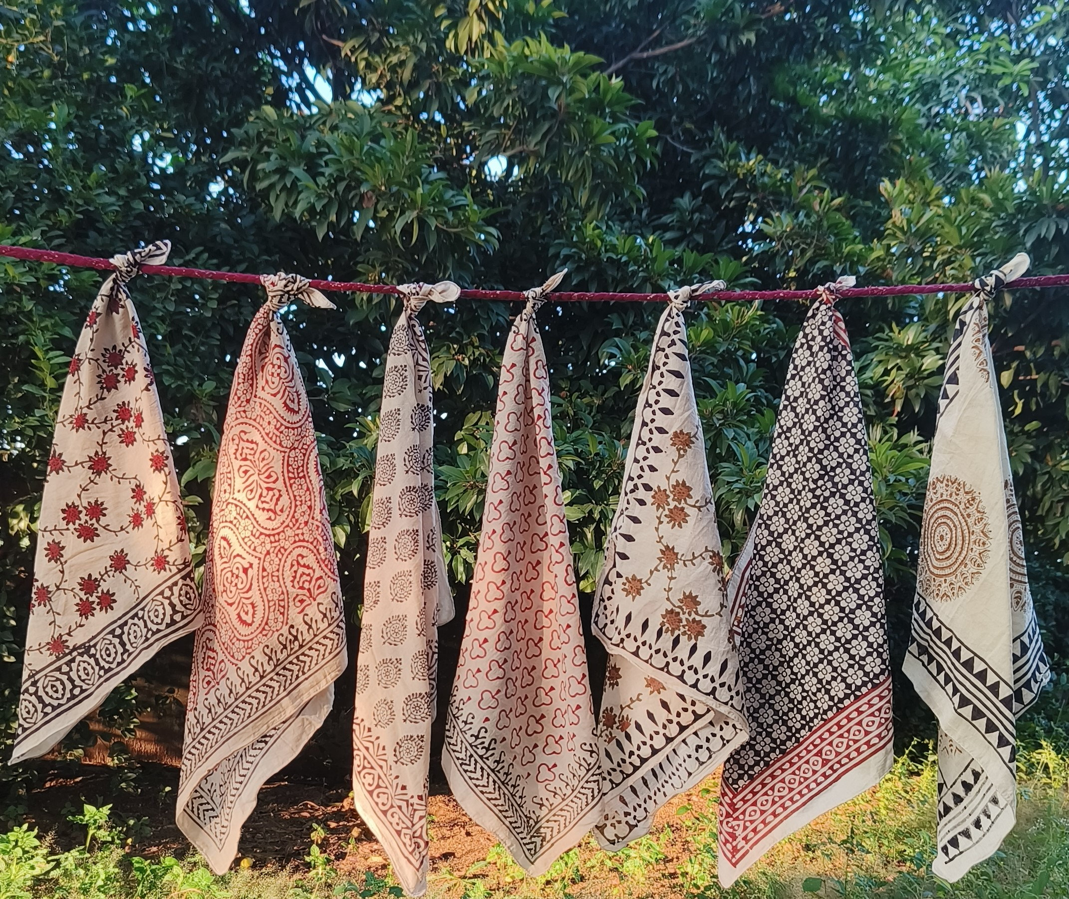 Set of 7 Hand Block Print Cotton Bandanas – Natural Dye Handmade Scarves