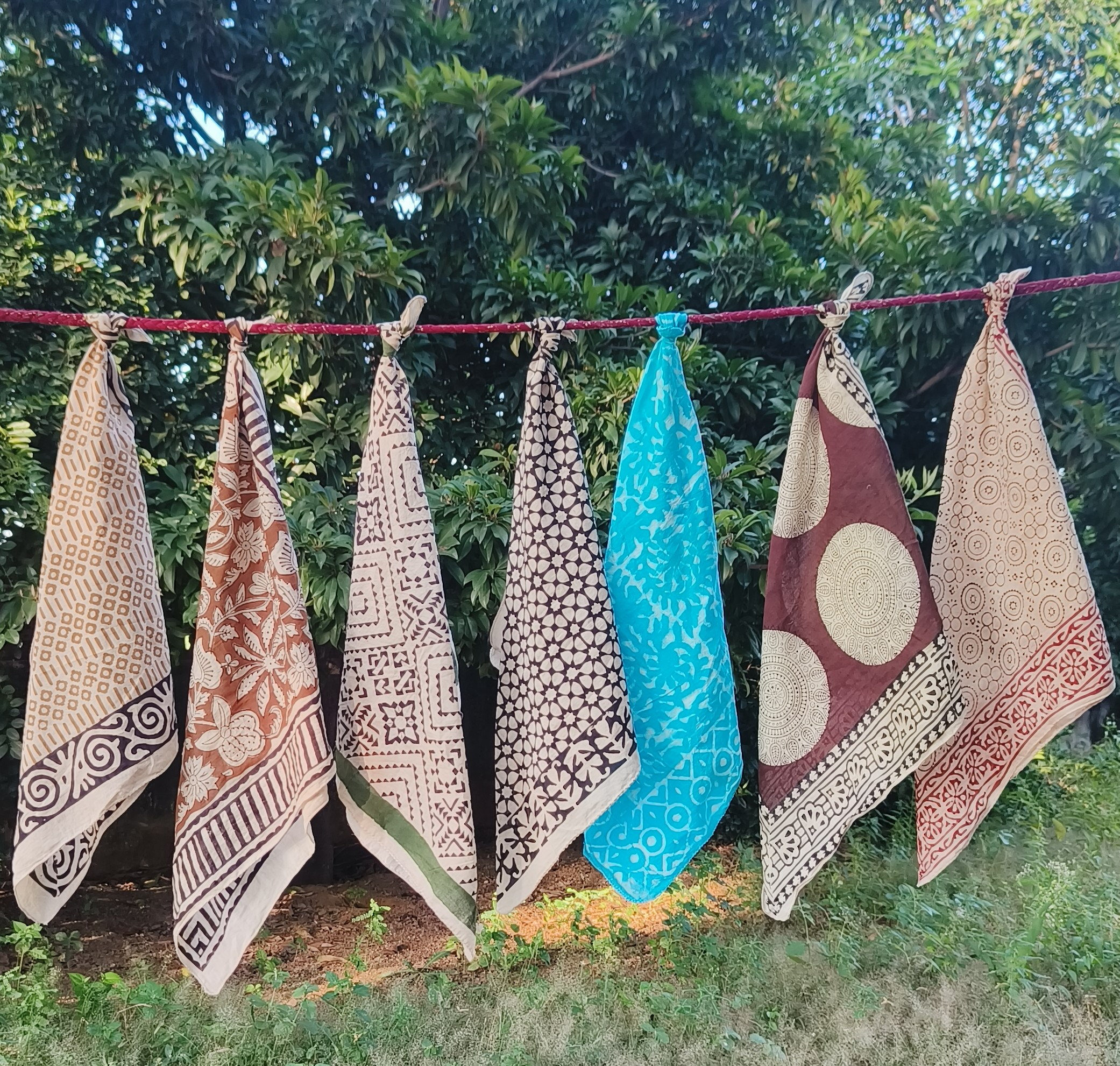 Artisan Block Print Bandana Set of 7 – Natural Dye Cotton Scarves