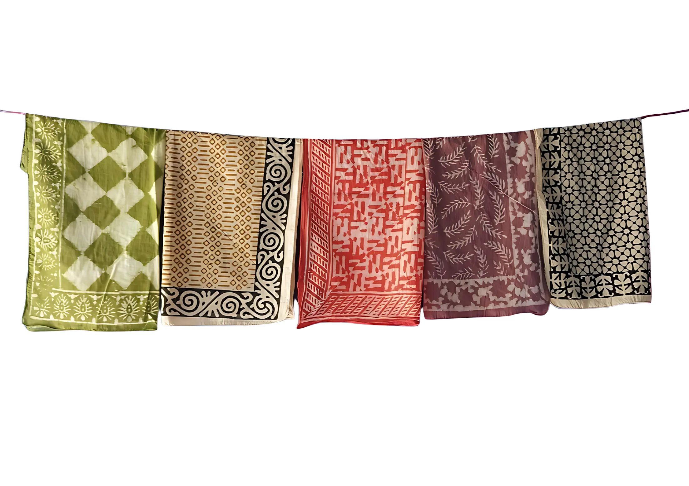 Set of 5 Natural Dye Cotton Bandanas – Handmade Indian Block Print Scarves