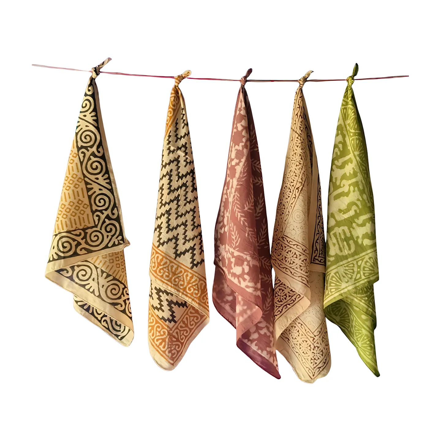 Set of 5 Natural Dye Block Print Bandanas – Indian Handmade Cotton Scarves
