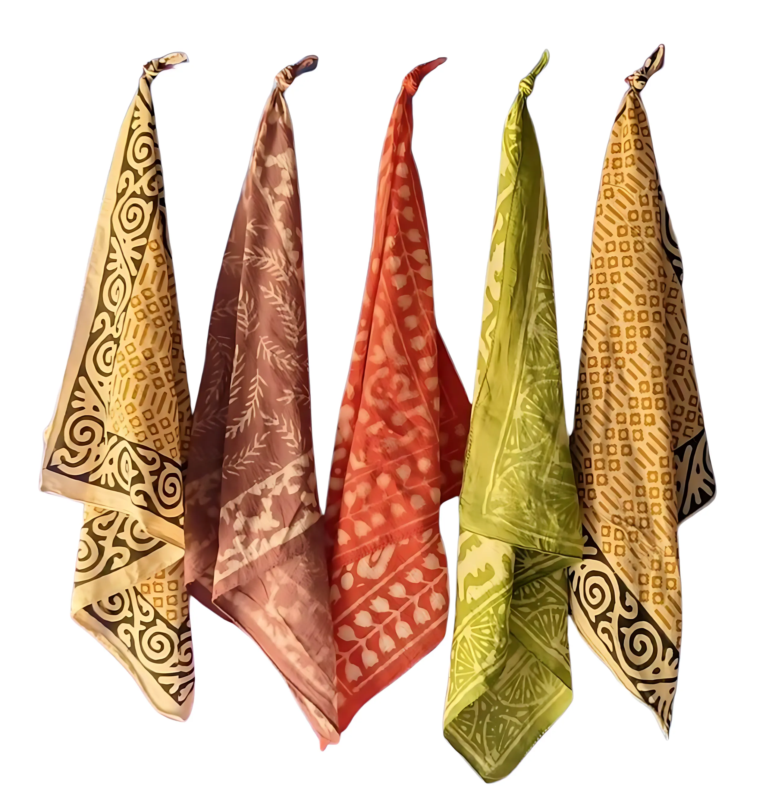 Hand Block Print Cotton Bandanas – Set of 5 Organic Dye Scarves