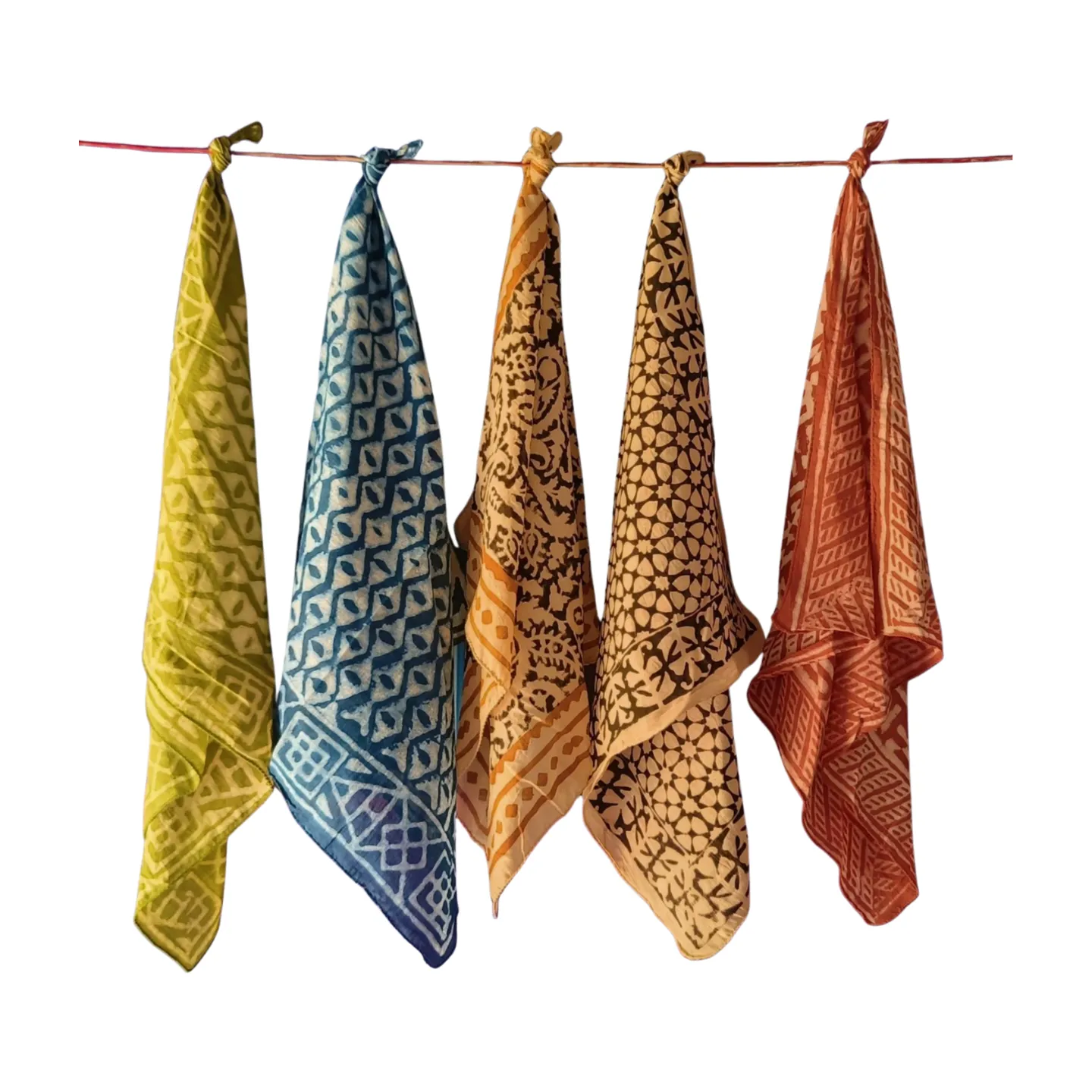 Vintage Block Print Cotton Bandanas – Set of 5 Natural Dye Scarves