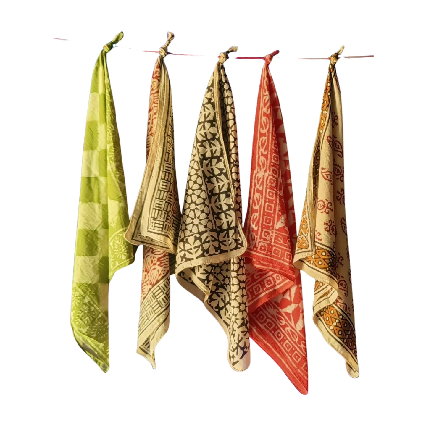 Indian Natural Color Bandanas – Set of 5 Hand Block Print Cotton Scarves