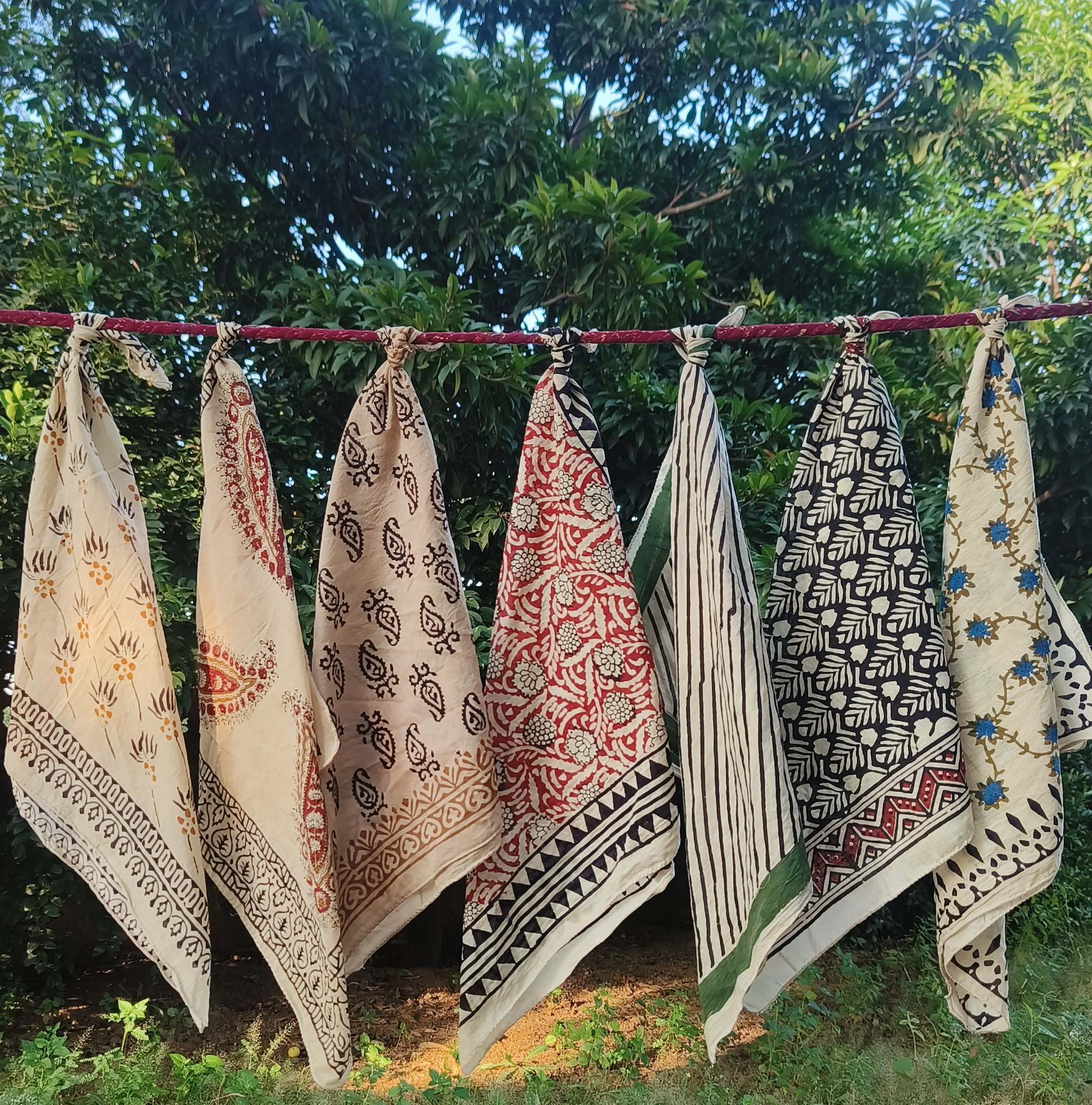 Organic Cotton Bandanas – Set of 7 Block Printed Handmade Scarves