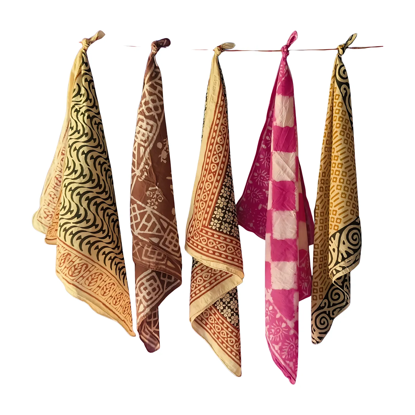 Set of 5 Hand Block Print Cotton Bandanas – Natural Dye Handmade Scarves