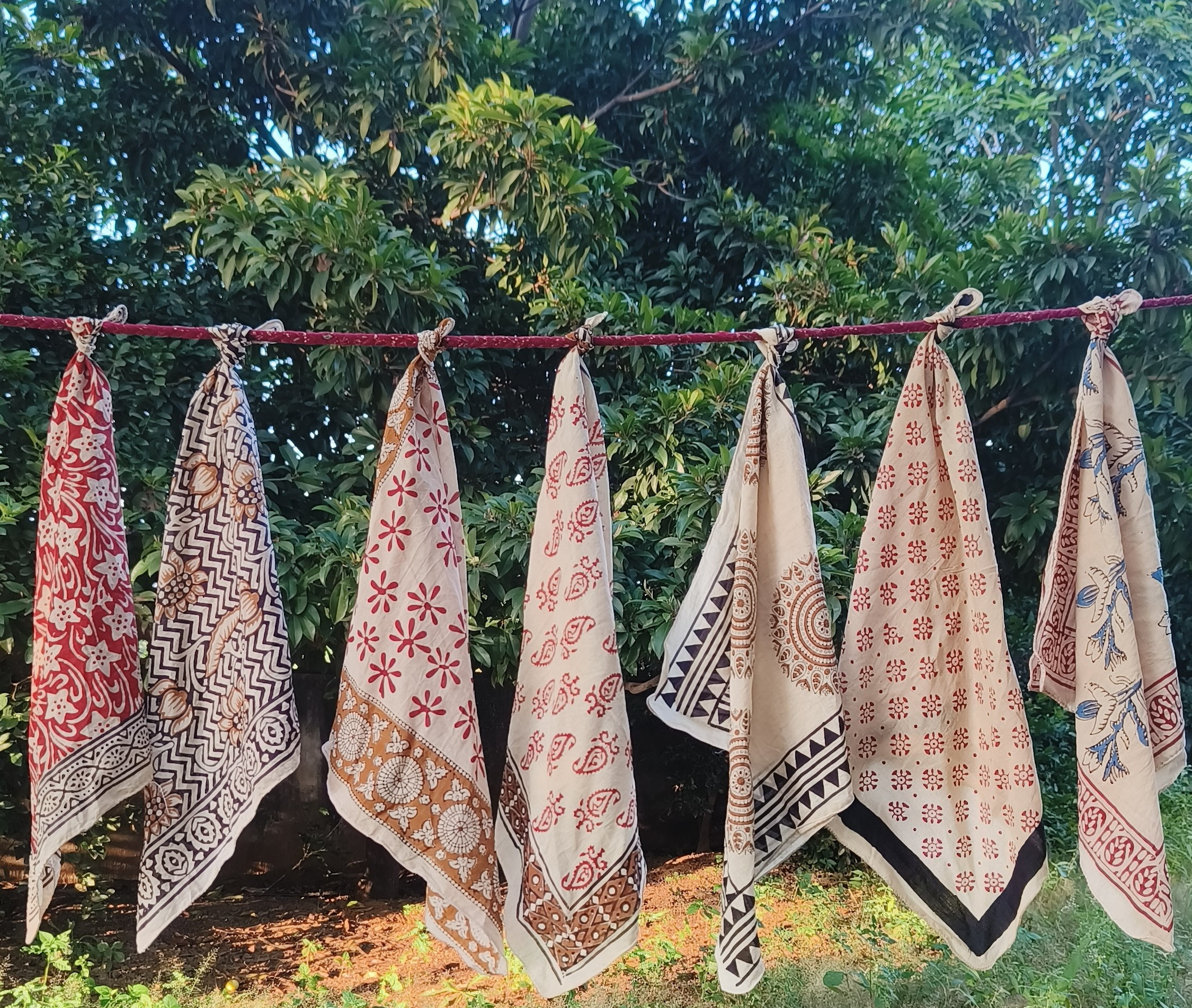 Handmade Cotton Bandanas (Pack of 7) – Natural Color Block Print Scarves